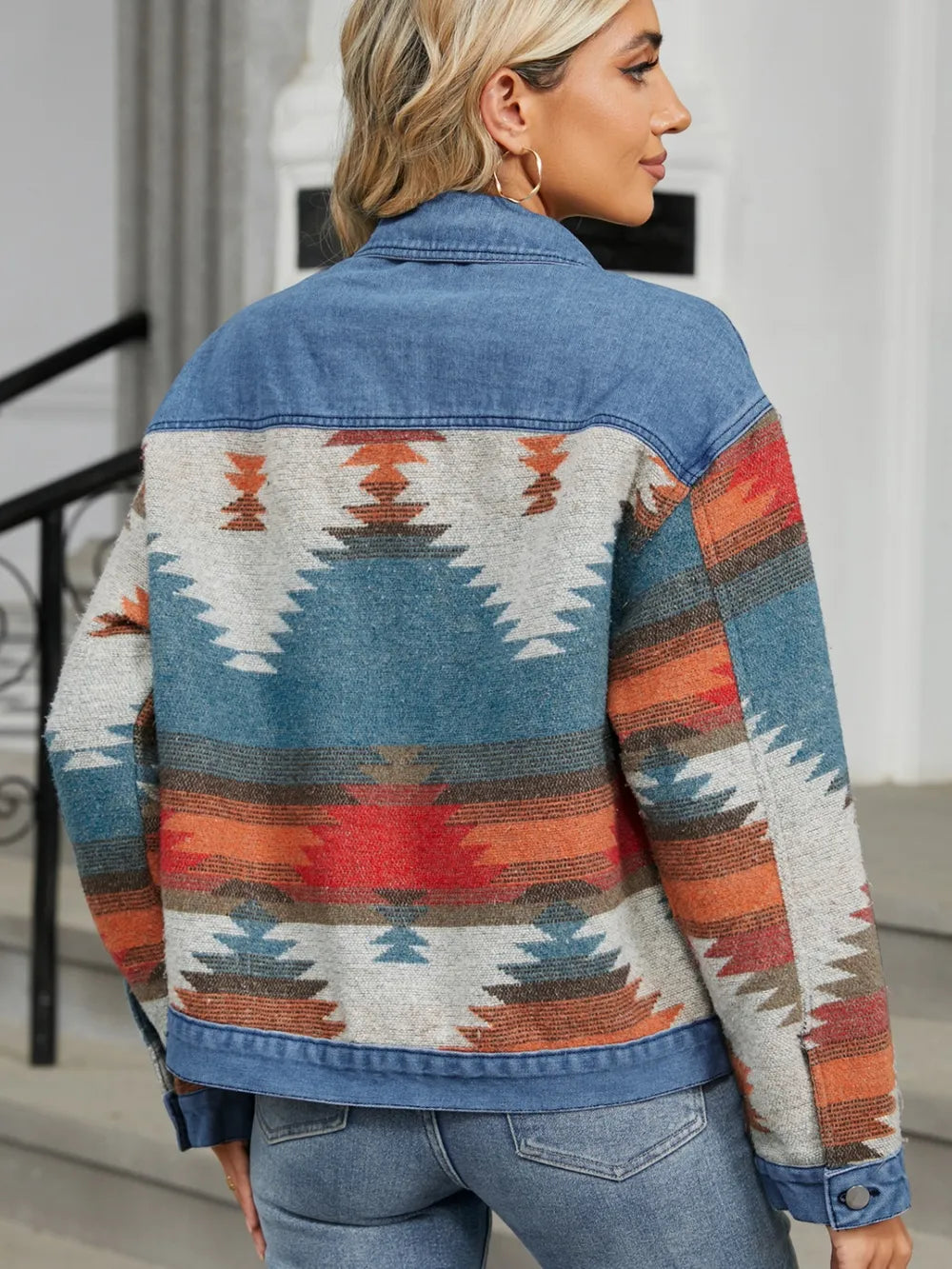 Geometric Button Up Long Sleeve Denim Jacket - Lilixa.store
