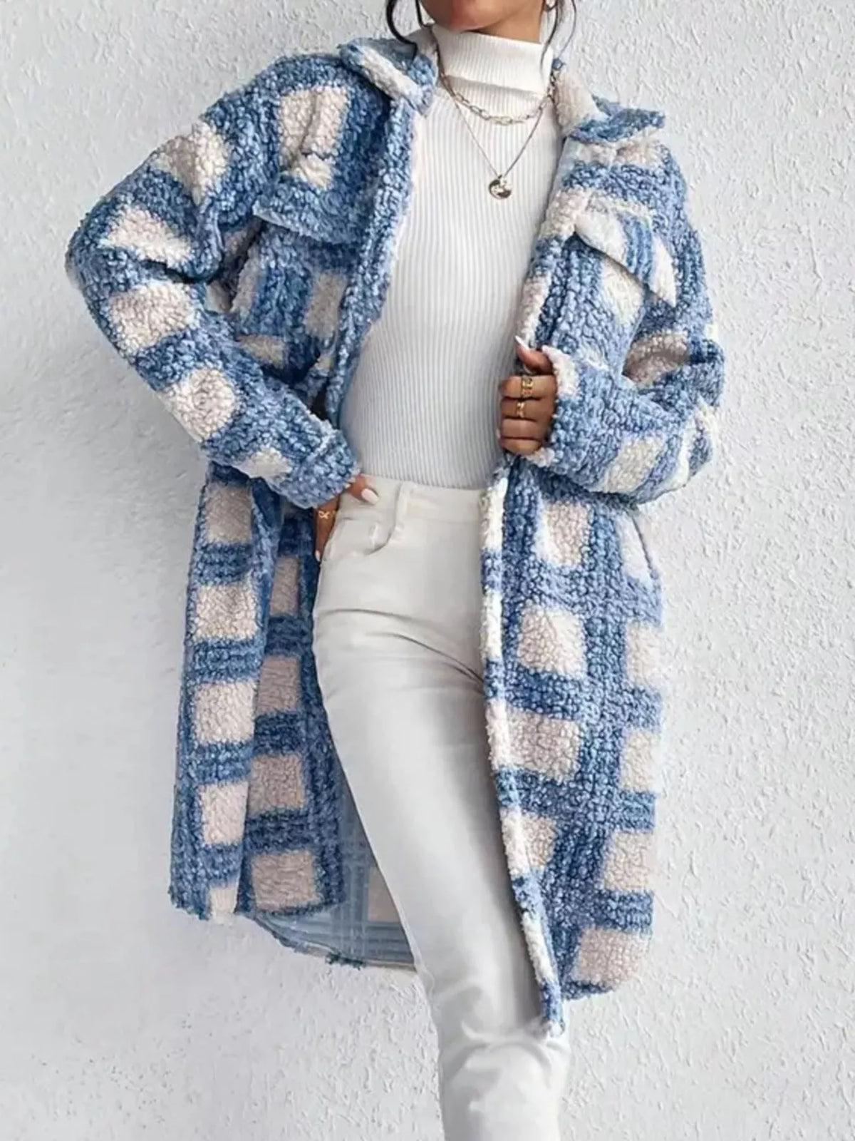 Plaid Button Up Long Sleeve Fleece Coat in Sky Blue, view 5