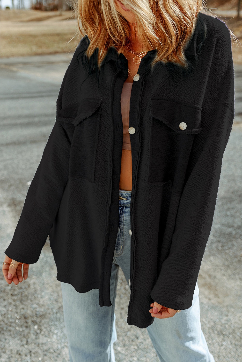 Button Down Long Sleeve Jacket in Black