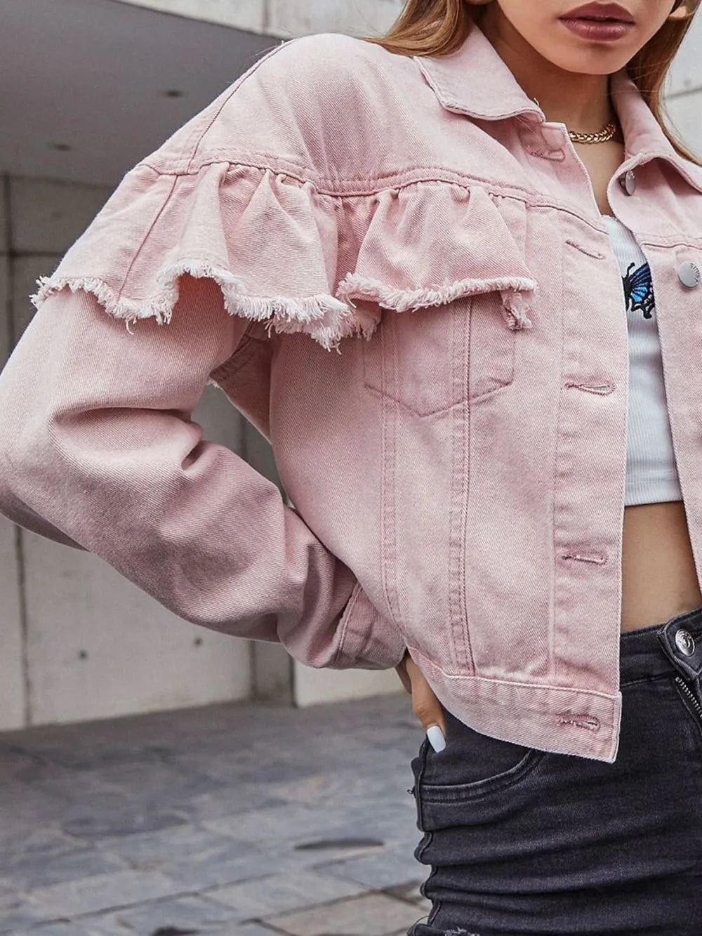 Ruffled Collared Neck Long Sleeve Denim Top - Lilixa.store
