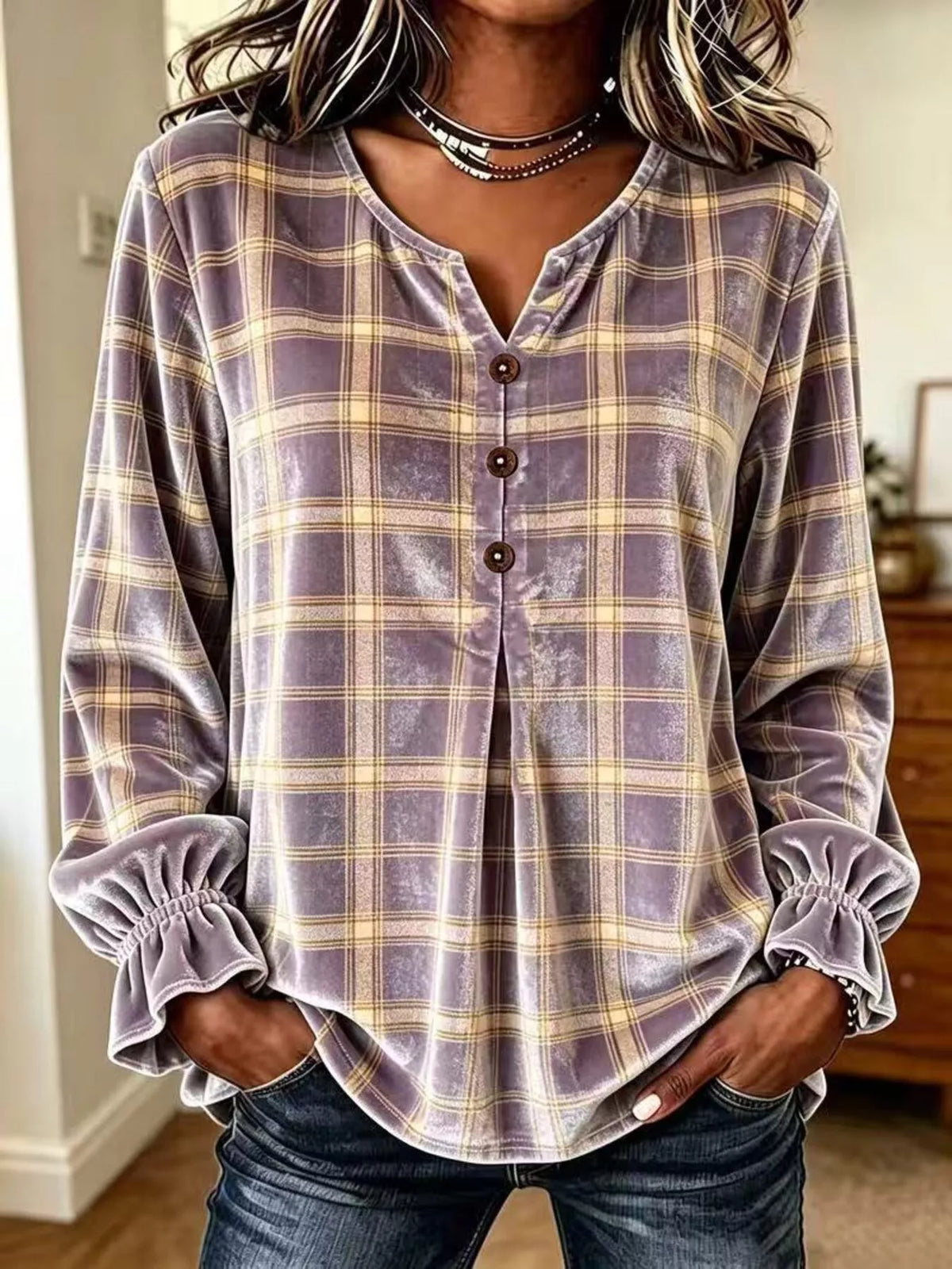 Full Size Plaid Velvet Flounce Sleeve Blouse Plus Size in Lilac