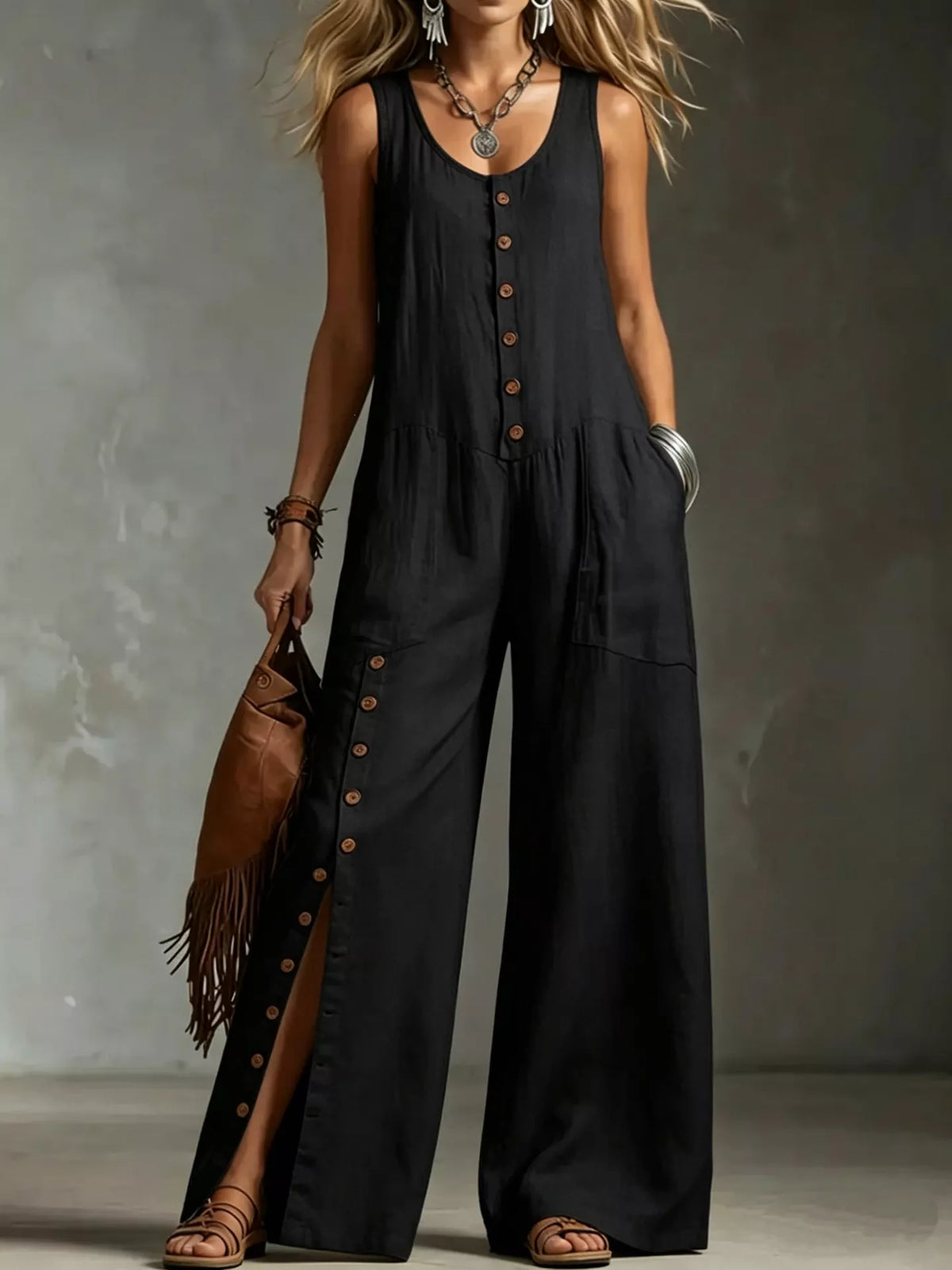 Full Size Sleeveless Button Front Wide Leg Jumpsuit Plus Size - Lilixa.store