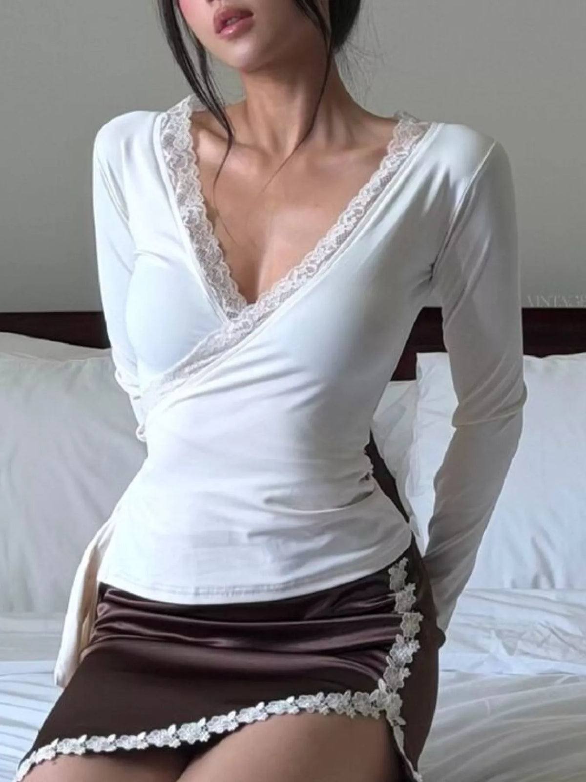 Lace-Trimmed Long Sleeves Wrap Blouse - Lilixa.store