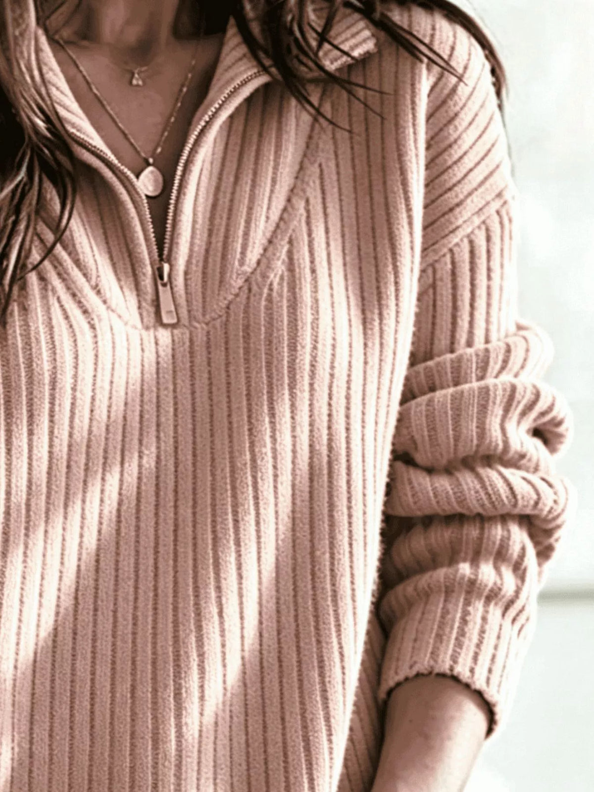 Full Size Half-Zip Textured Sweater Plus Size - Lilixa.store