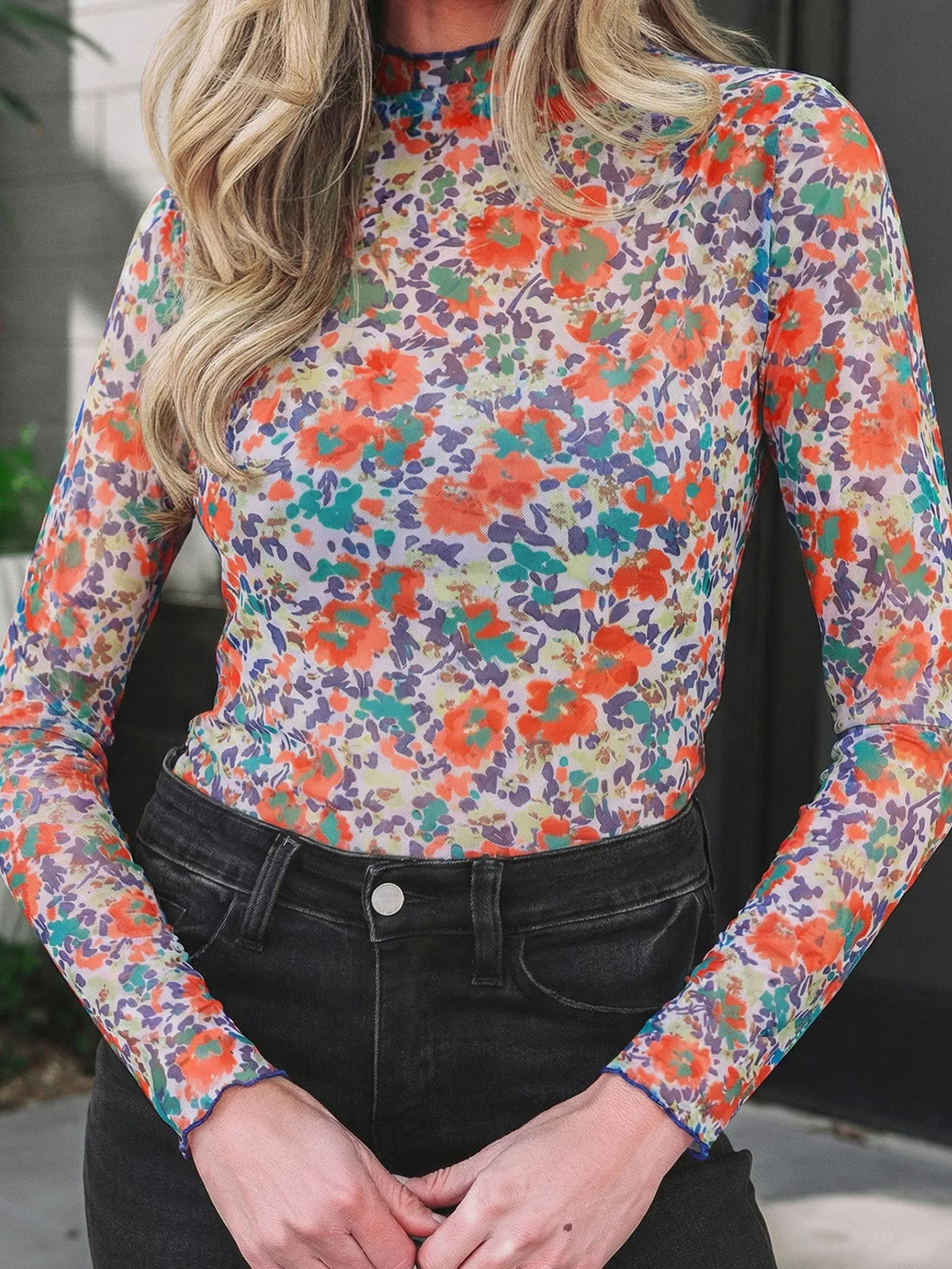 Floral Print Sheer Mesh Long Sleeve Mock Neck Top