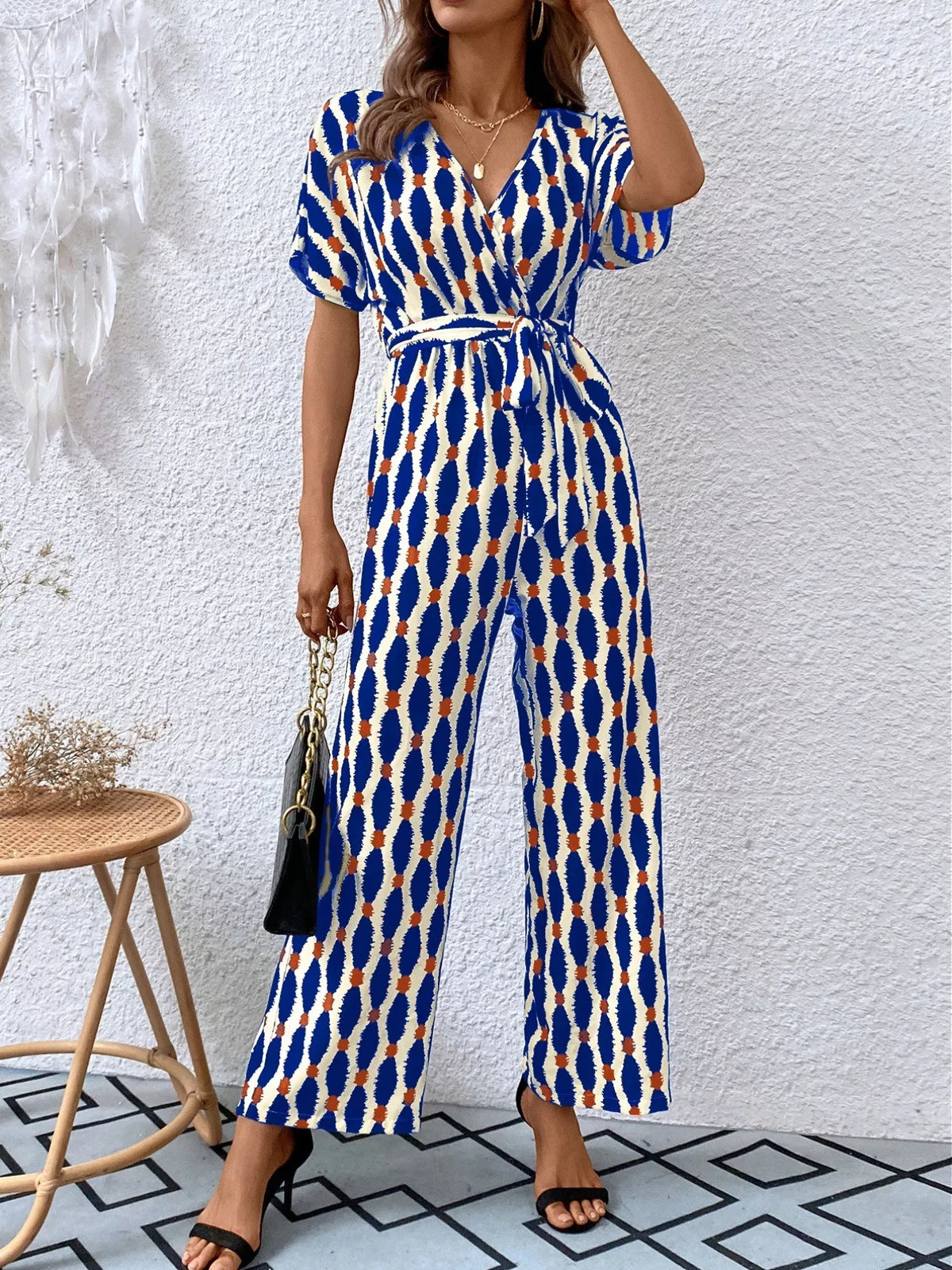 Printed Surplice Tie Waist Short Sleeve Jumpsuit - Lilixa.store