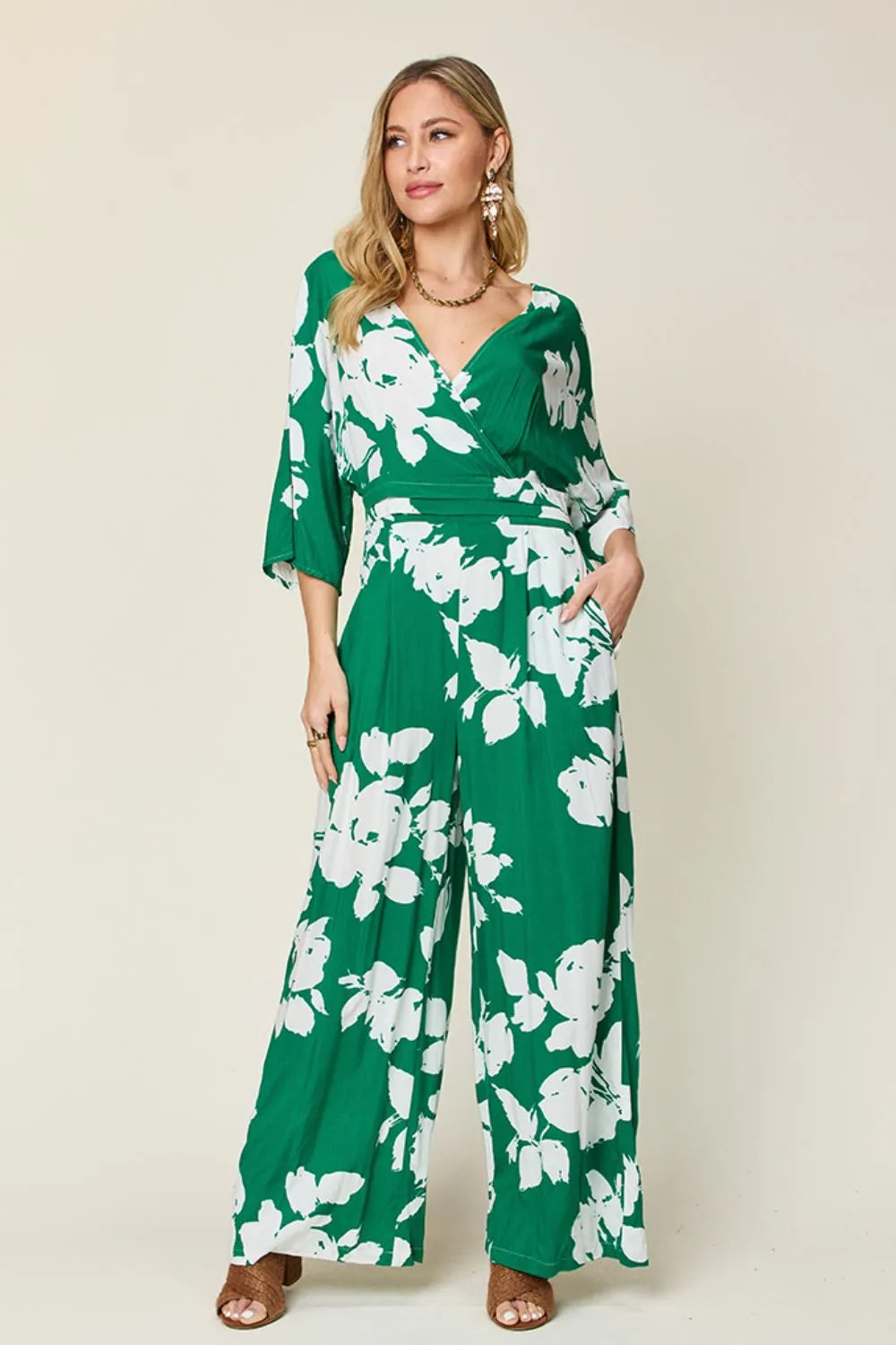 Double Take Full Size Printed Tie Back Wide Leg Jumpsuit - Lilixa.store