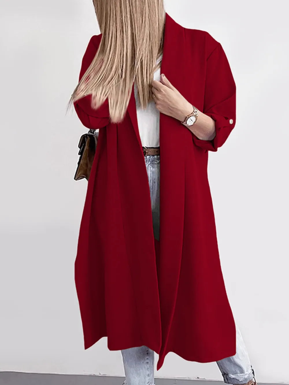 Slit Open Front Roll-Tab Sleeve Trench Coat - Lilixa.store