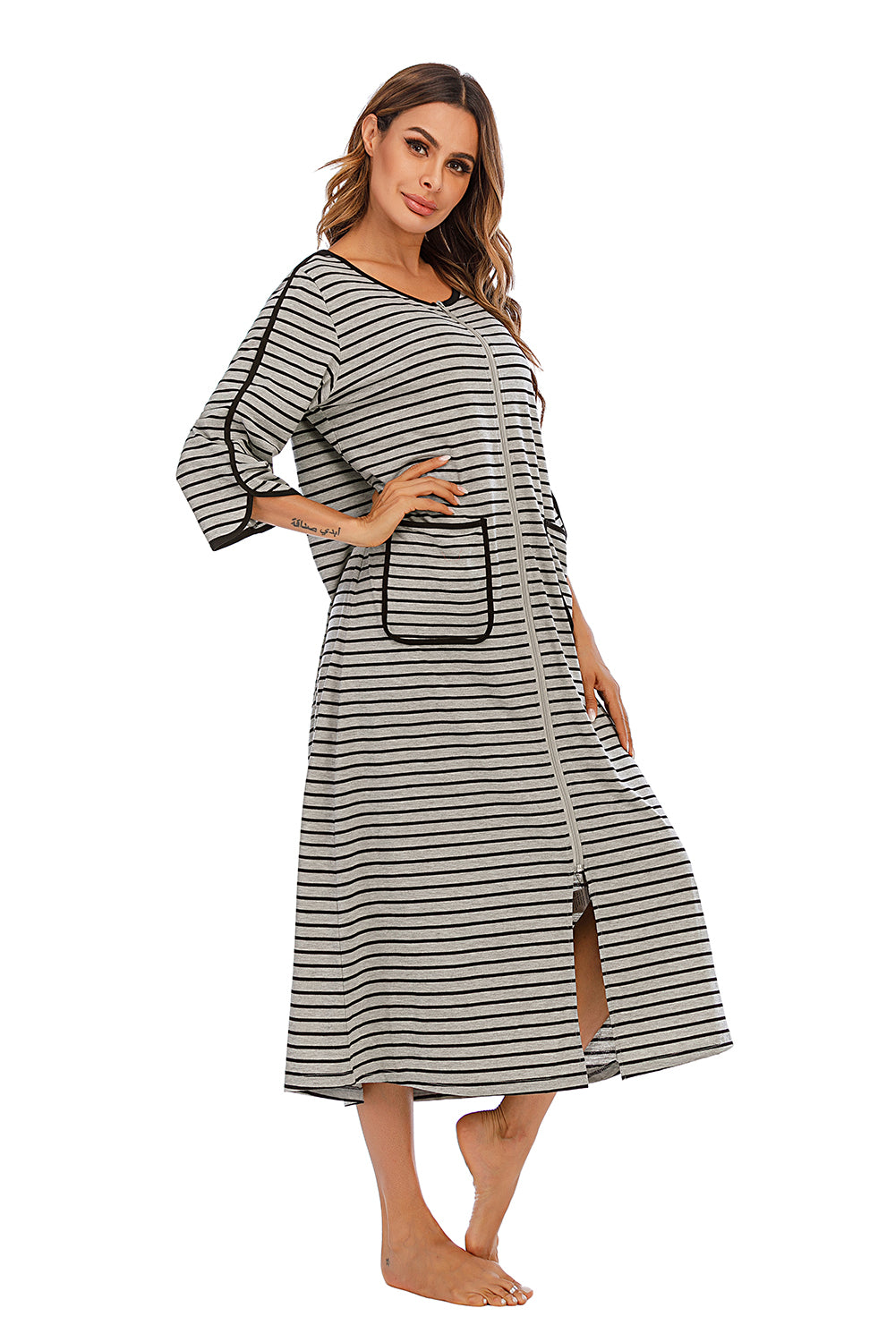 Round Neck Three-Quarter Sleeve Midi Night Dress - Lilixa.store