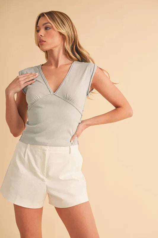 Aemi+Co V-Neck Cap Sleeve Cropped Top in Light Wash Blue, view 4