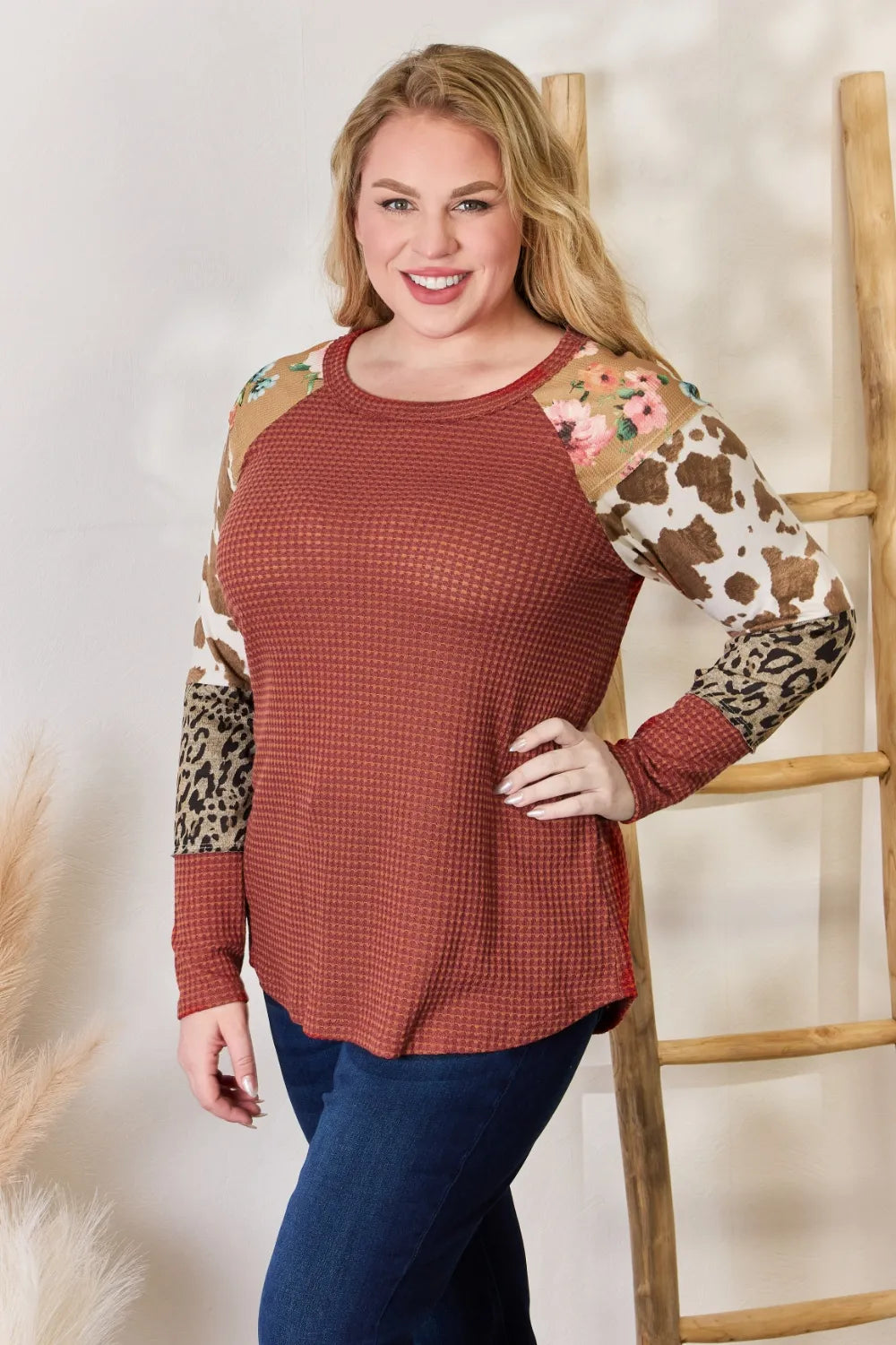 Hailey & Co Full Size Leopard Waffle-Knit Blouse - Lilixa.store