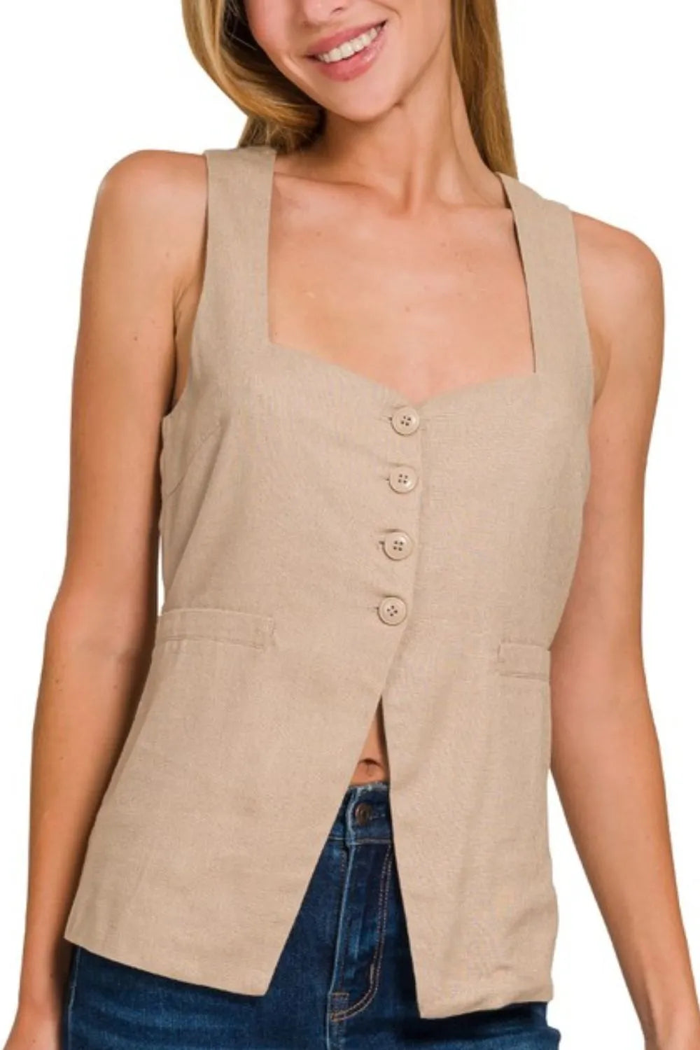 Zenana Linen Tie-back 4-button Vest with Lining, view 2