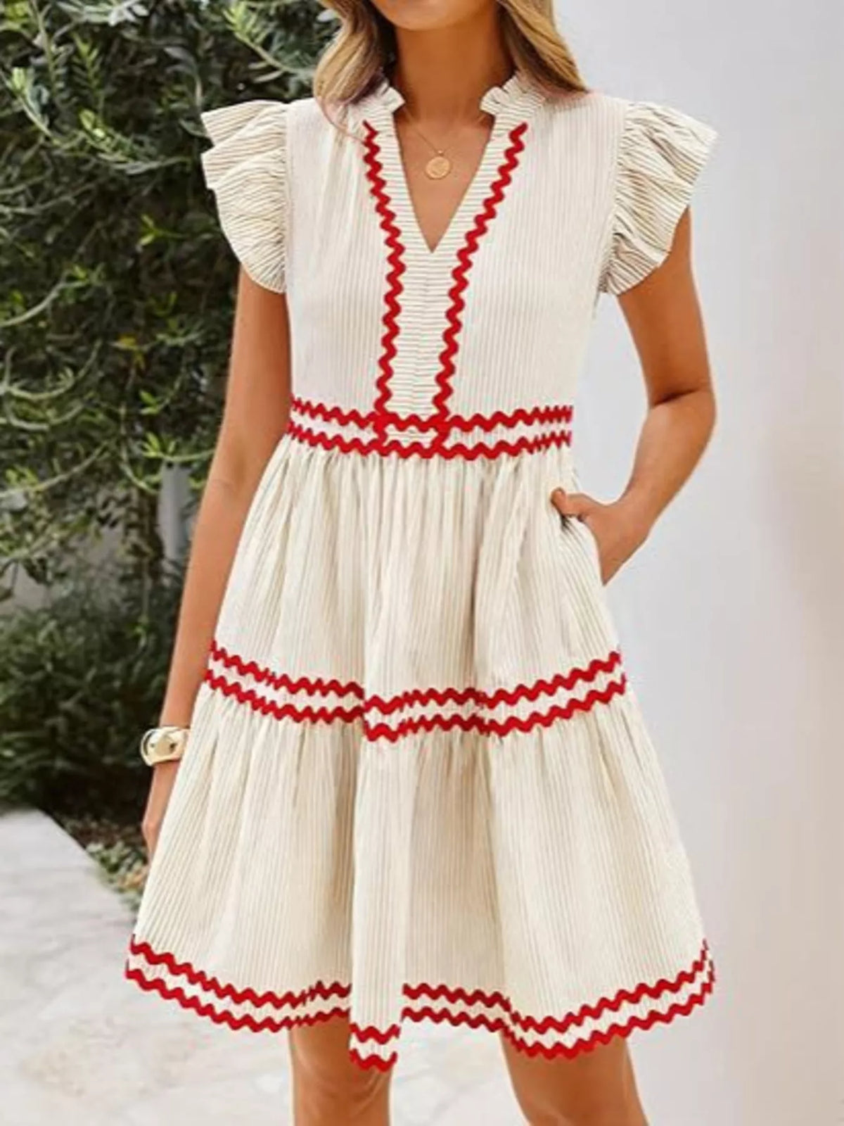 Striped Ruffle Sleeve Tiered Dress in Pastel Yellow