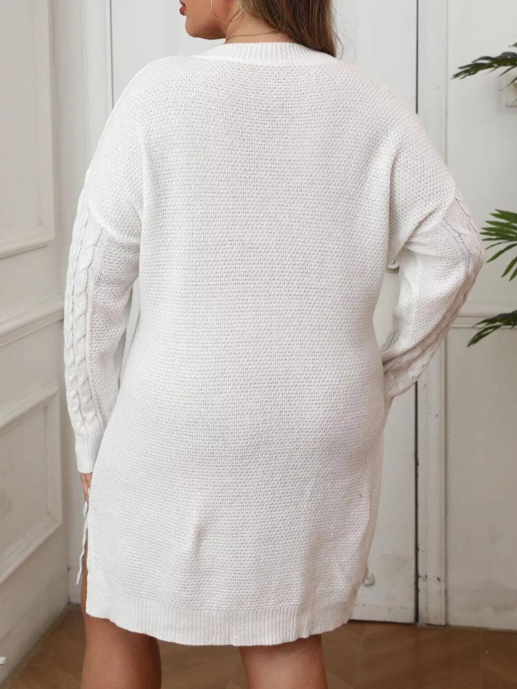 Plus Size Cable Knit Sweater Dress with Contrast Bow Detail - Lilixa.store