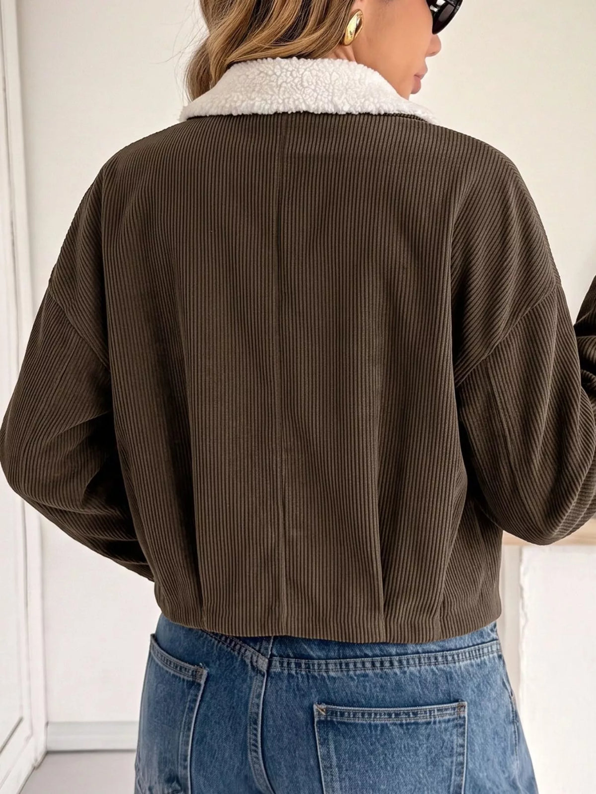 Contrast Sherpa Collar Corduroy Zip Up Jacket