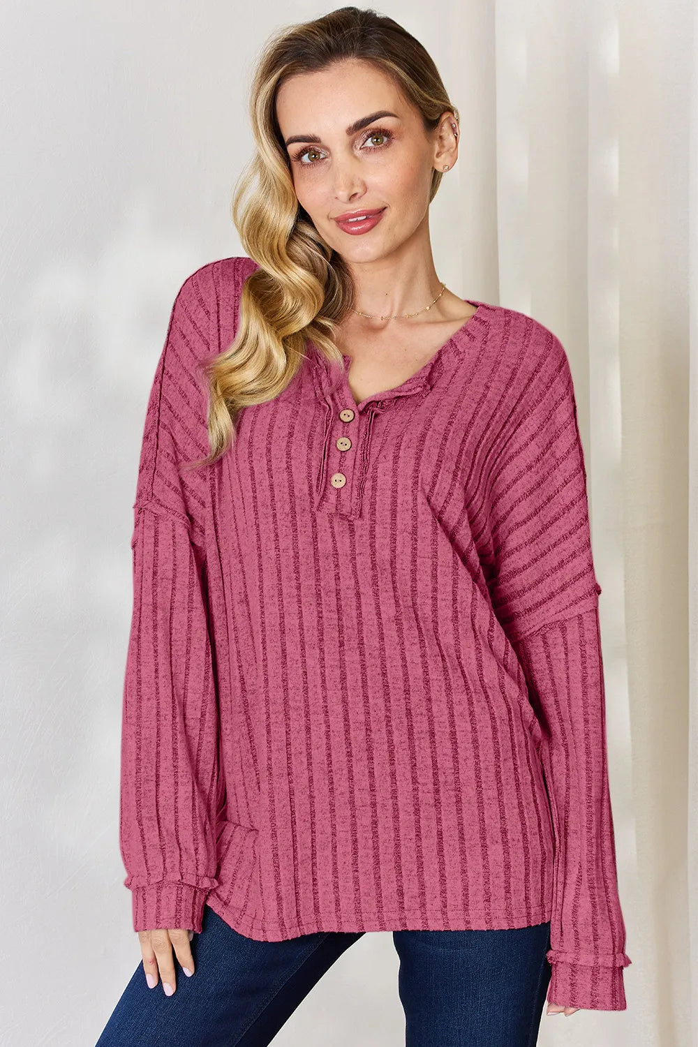 Basic Bae Full Size Ribbed Half Button Long Sleeve T-Shirt - Lilixa.store