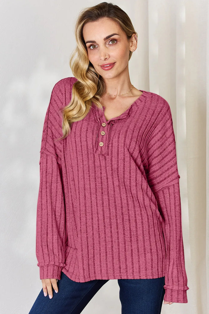 Basic Bae Full Size Ribbed Half Button Long Sleeve T-Shirt - Lilixa.store