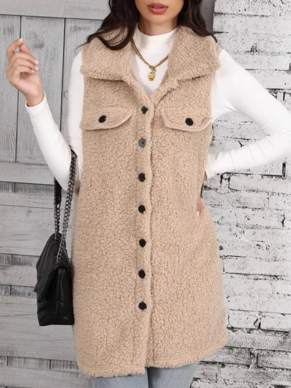Button Up Teddy Vest Coat in Tan, view 4