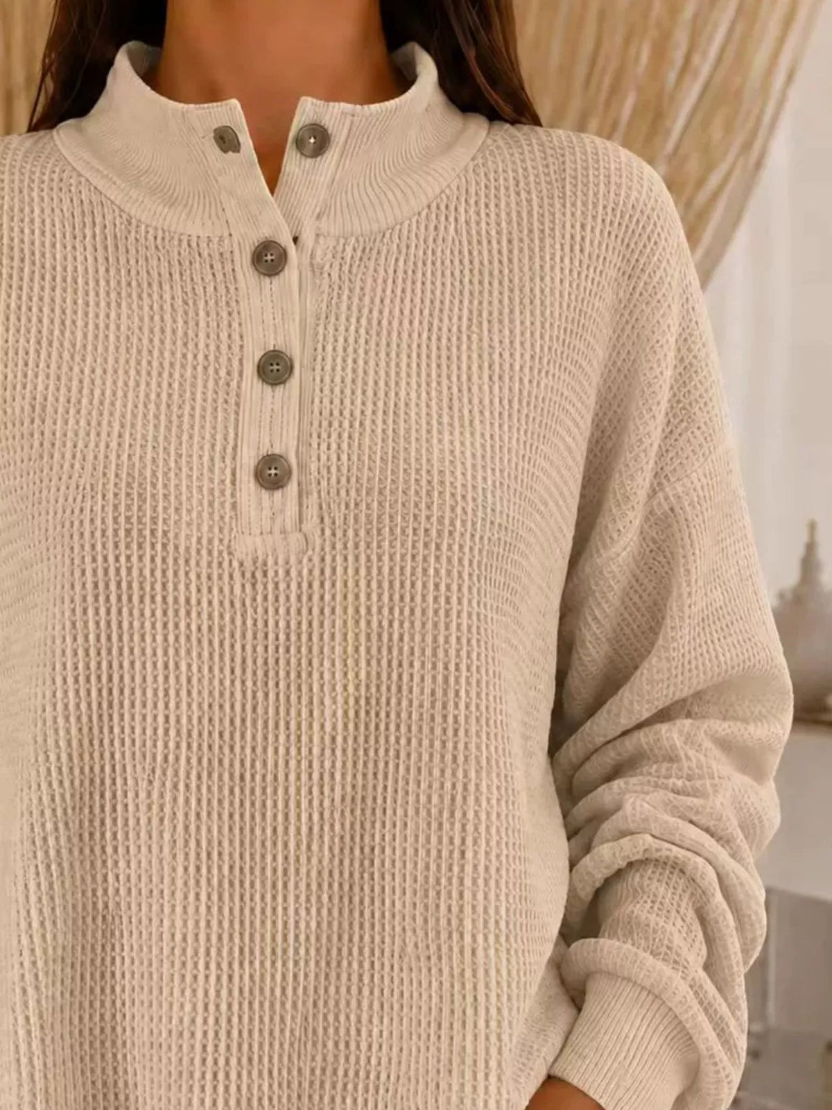 Full Size Waffle Knit Button Detail Sweatshirt Plus Size - Lilixa.store