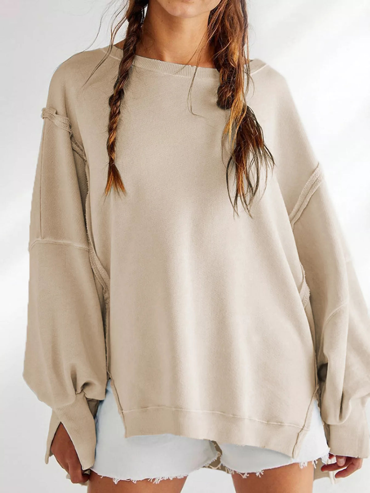 Oversized Relaxed Fit Crew Neck Sweatshirt in Beige