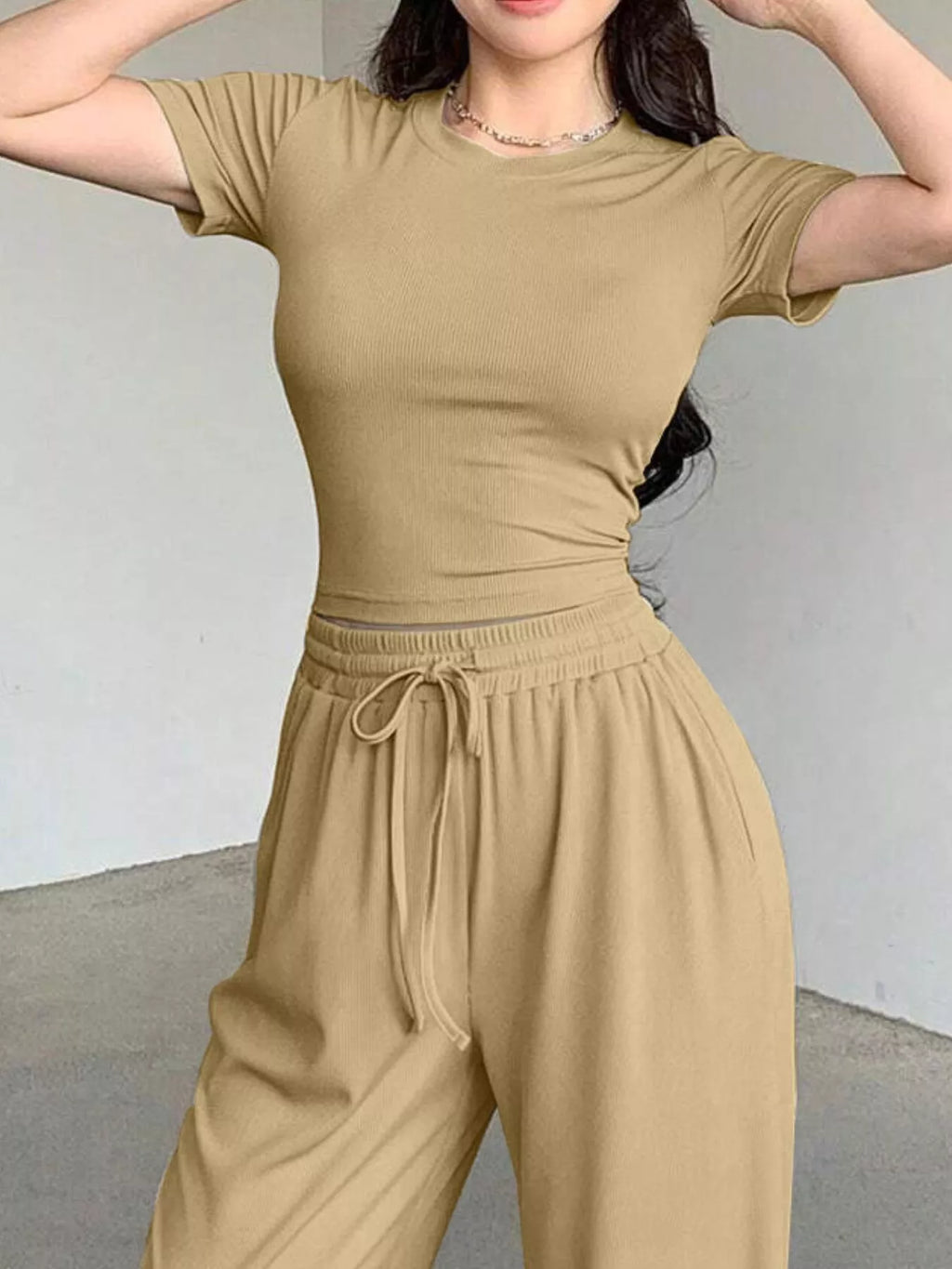 Solid Color Short Sleeve Crop Top and Wide Leg Pants Set - Lilixa.store