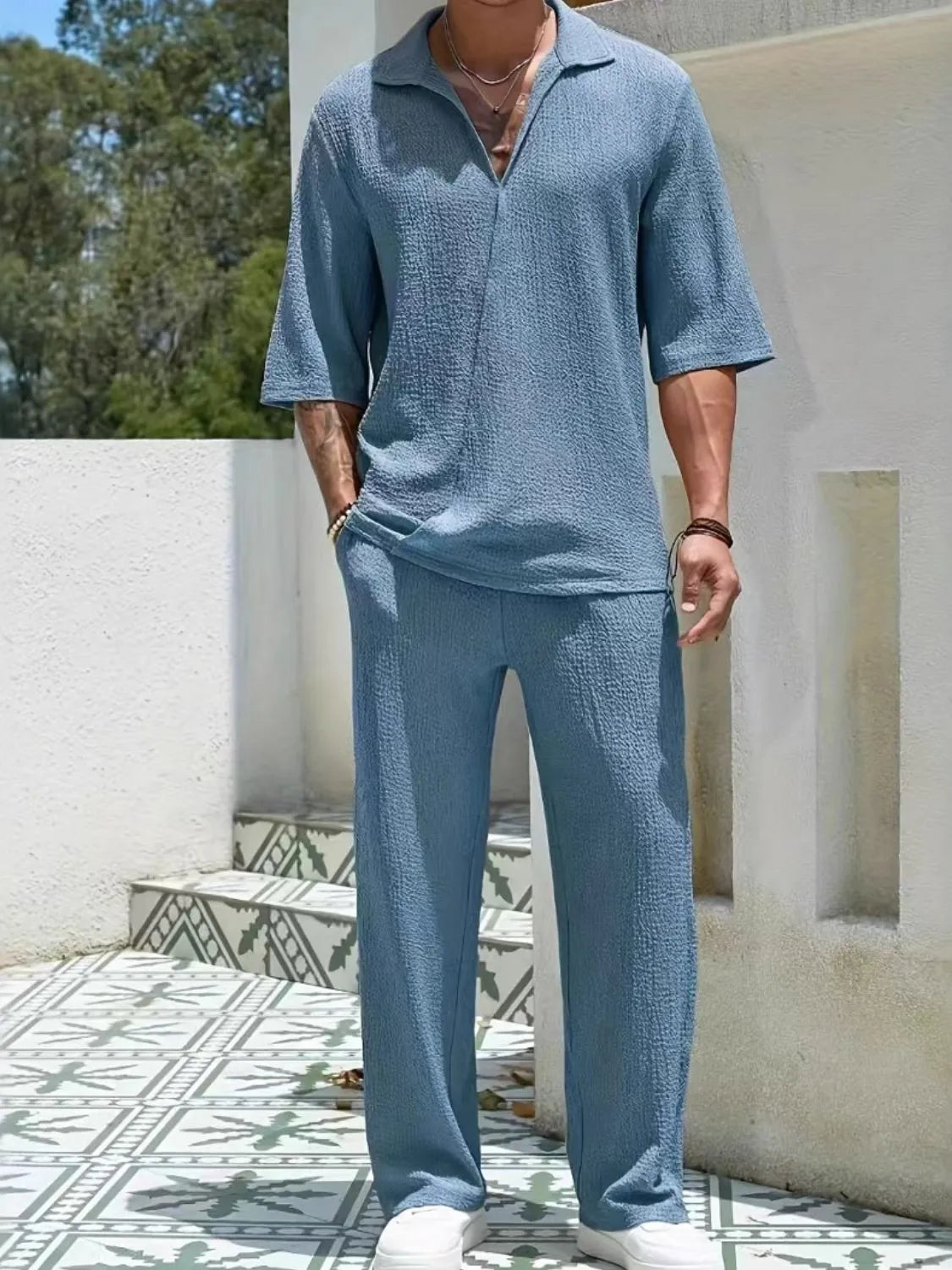 Men's Johnny Collar Half Sleeve Top and Pants Set in Dusty Blue
