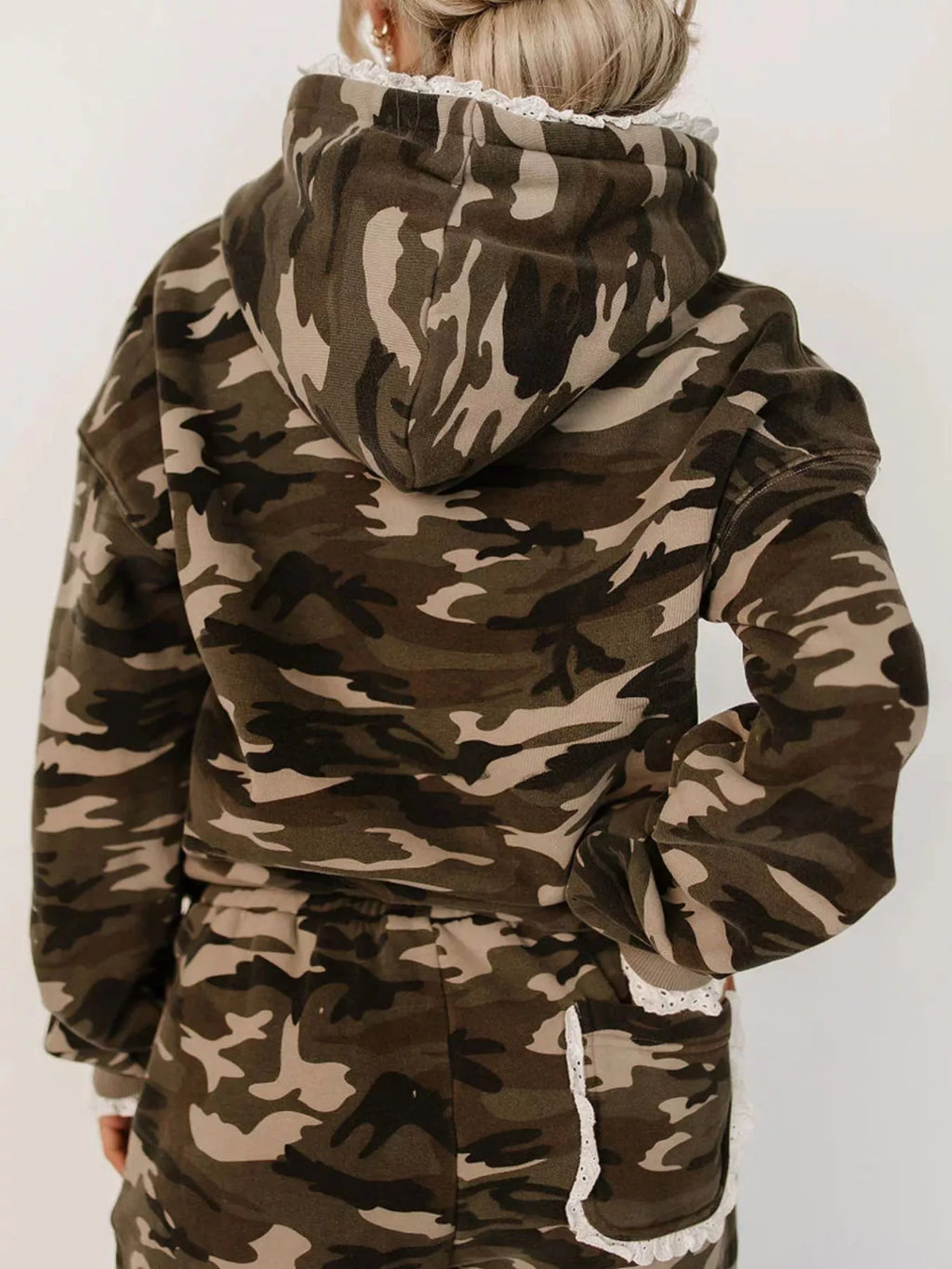Lace Trim Kangaroo Pocket Hoodie - Lilixa.store