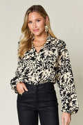 Double Take Full Size Printed Ruffle Trim Balloon Sleeve Shirt - Lilixa.store