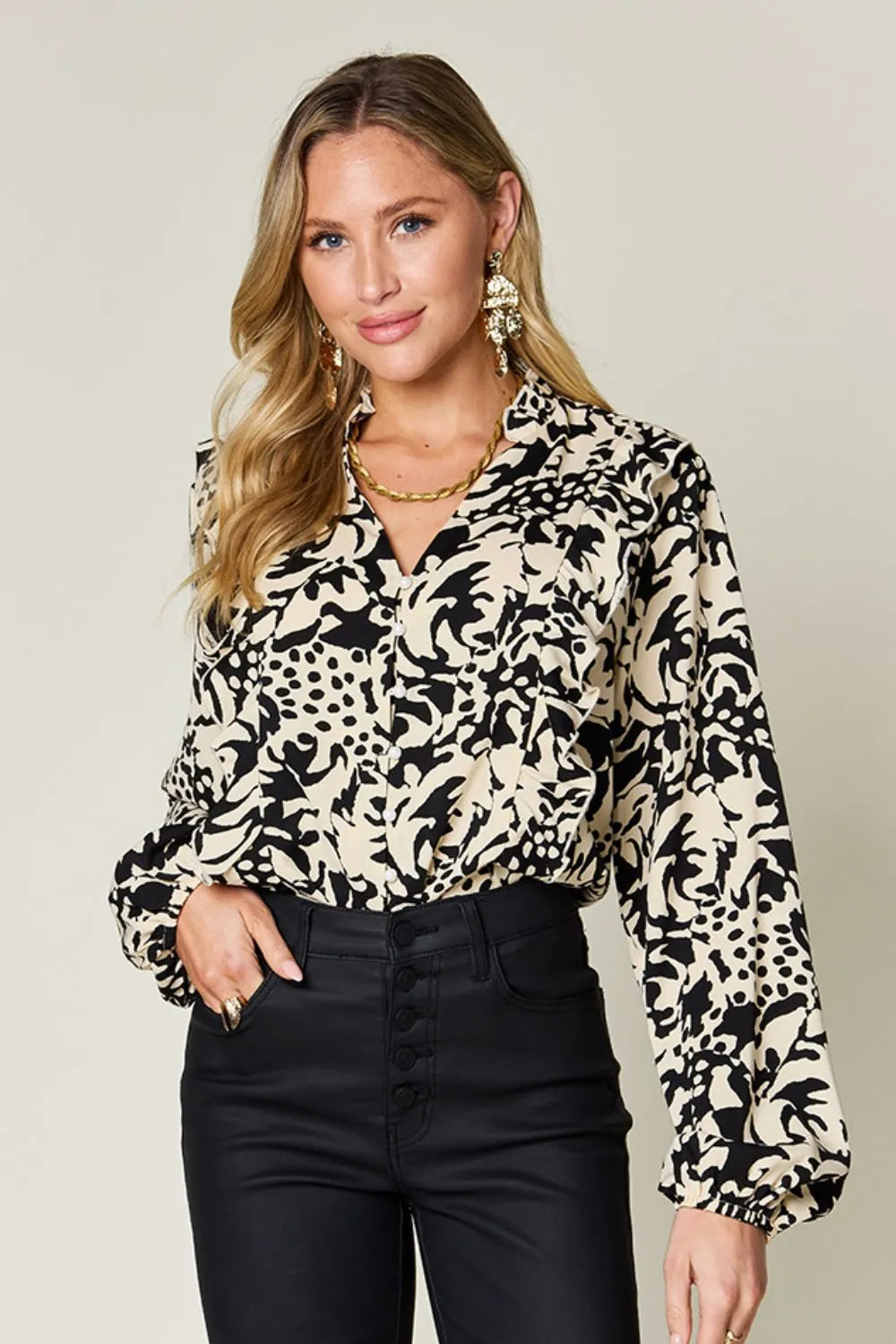 Double Take Full Size Printed Ruffle Trim Balloon Sleeve Shirt - Lilixa.store