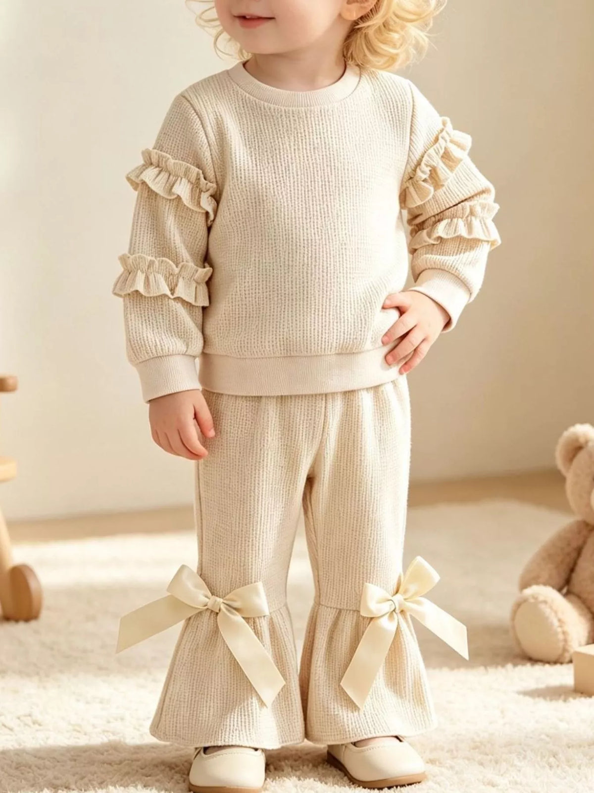 Children's Ruffle Sleeve Top and Bow Flare Pant Set - Lilixa.store