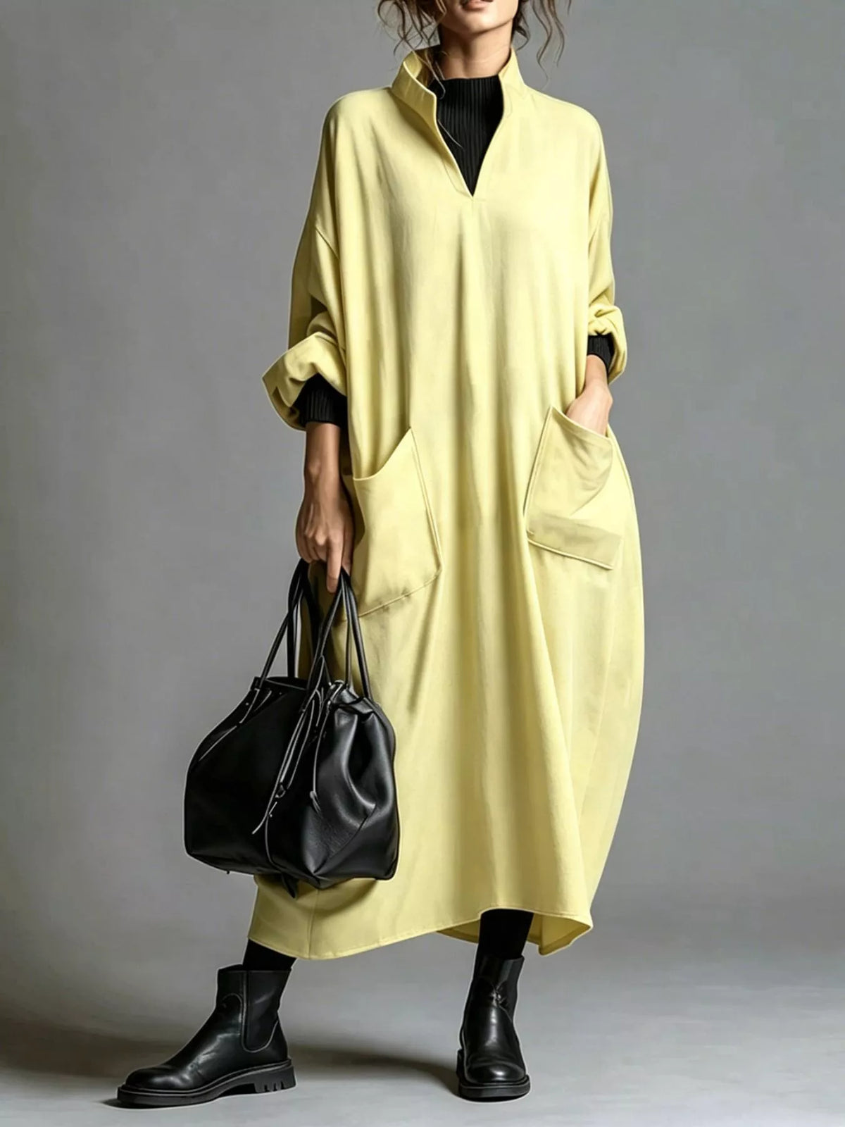Full Size Loose-Fit Mock Neck Midi Dress with Pockets Plus Size - Lilixa.store