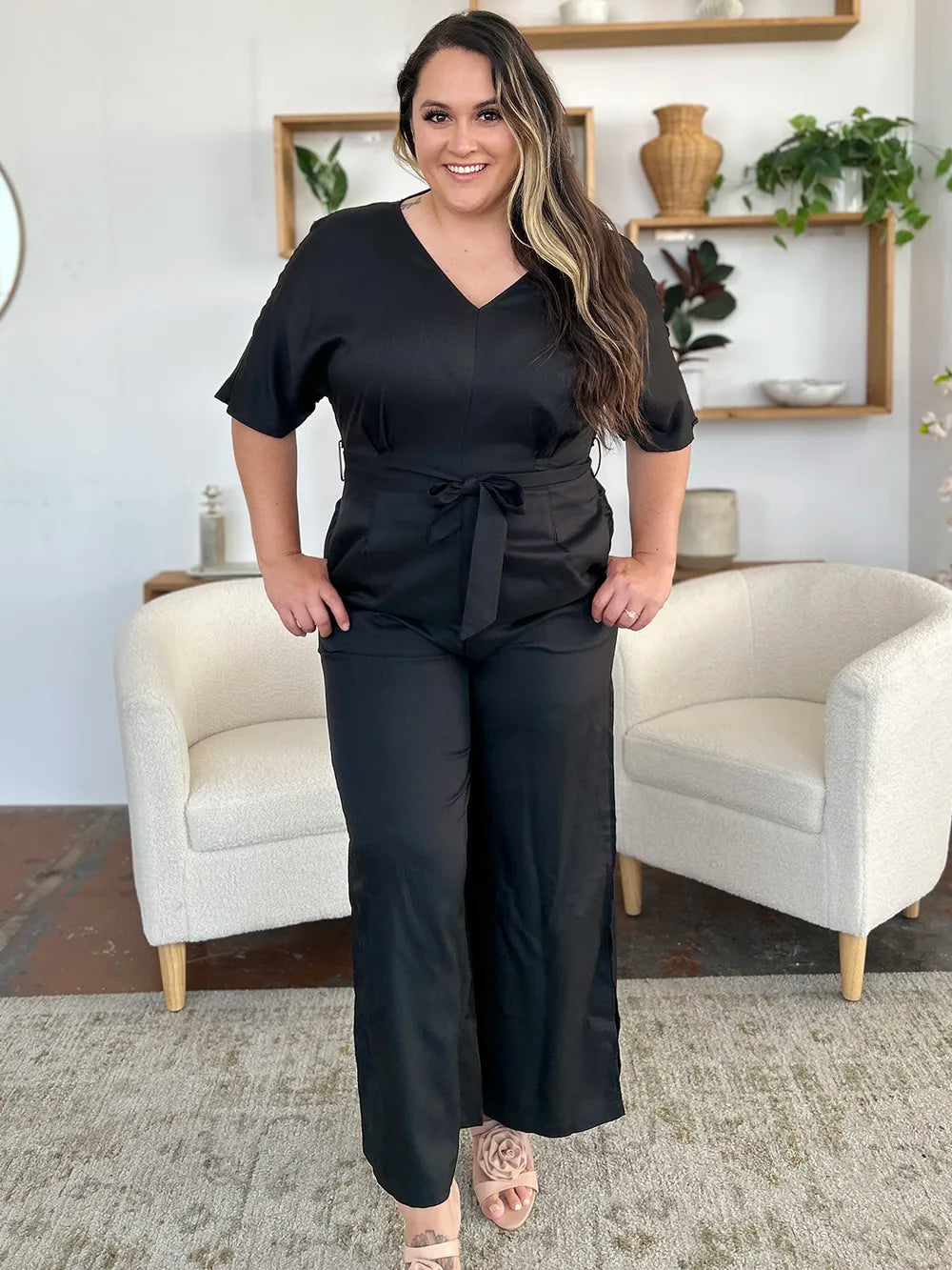 Double Take Full Size V-Neck Tied Side Slit Jumpsuit in Black, view 10