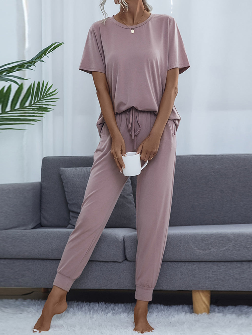 Shiny Round Neck Short Sleeve Top and Pants Set - Lilixa.store