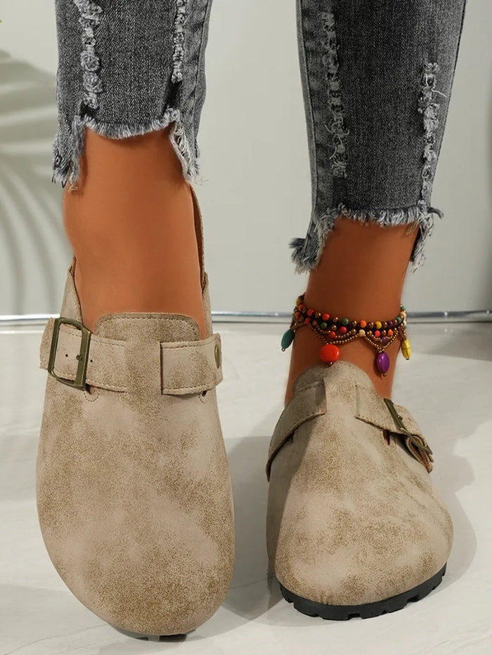 Round Toe Buckle Slip-Ons in Beige