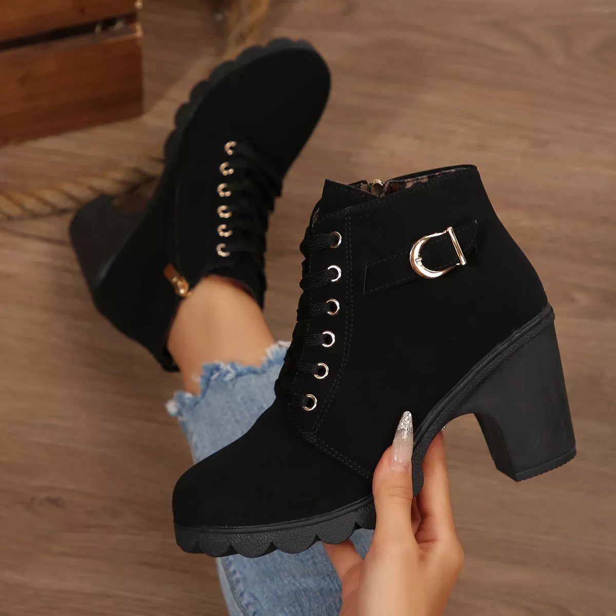 Lace Up Block Heels Boots, view 5