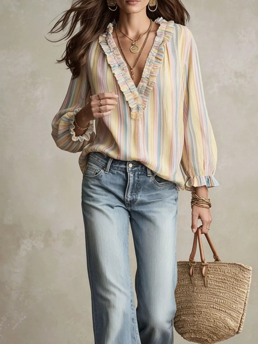 Striped Ruffle-Trim V-Neck Blouse - Lilixa.store
