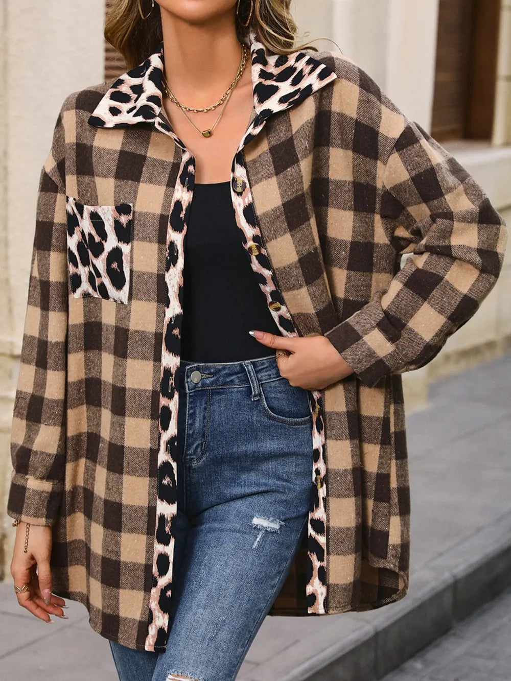 Ivy Lane Plaid Button Up Dropped Shoulder Jacket in Camel, view 2
