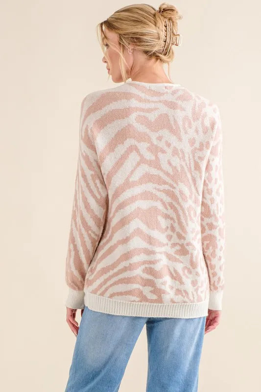 And The Why Leopard Zebra Combo Casual Sweater Top in Pale Pink, view 6