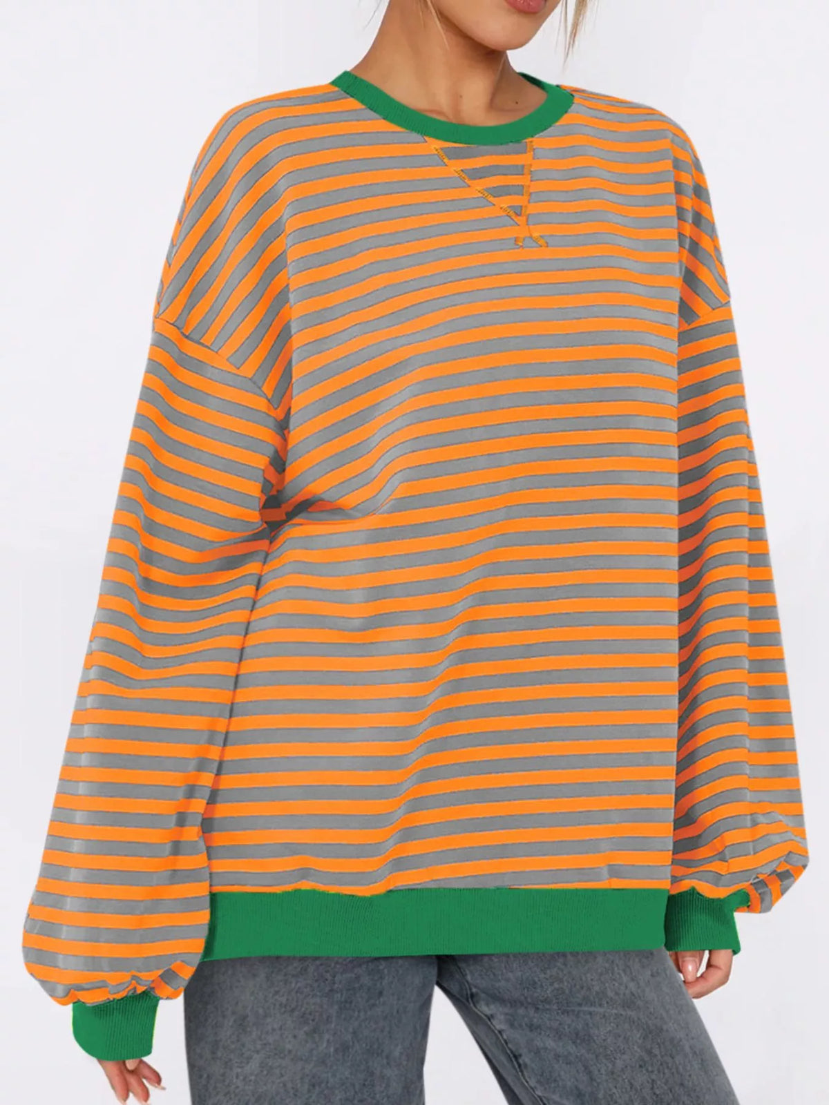 Striped Round Neck Long Sleeve Sweatshirt - Lilixa.store