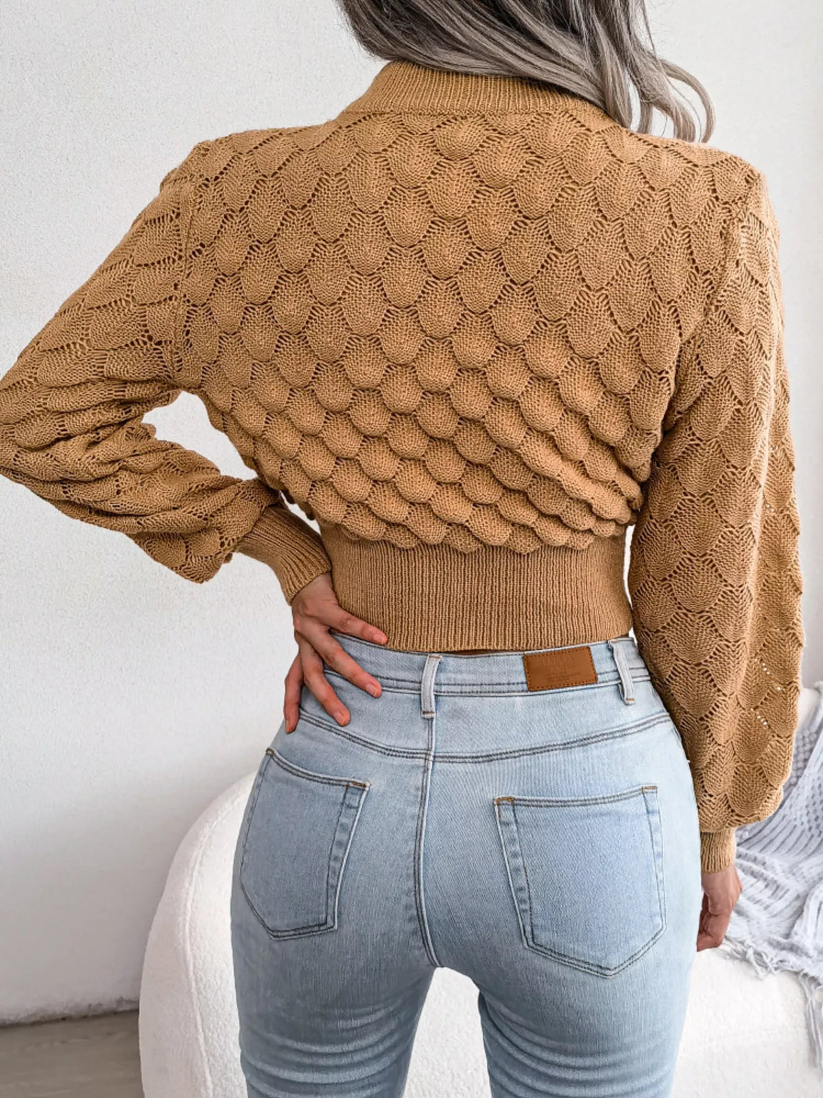 Mock Neck Textured Cropped Sweater
