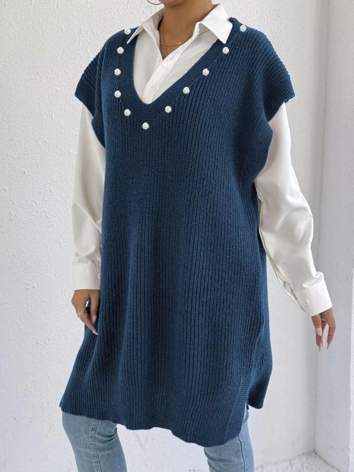 Slit V-Neck Sweater Dress, view 5