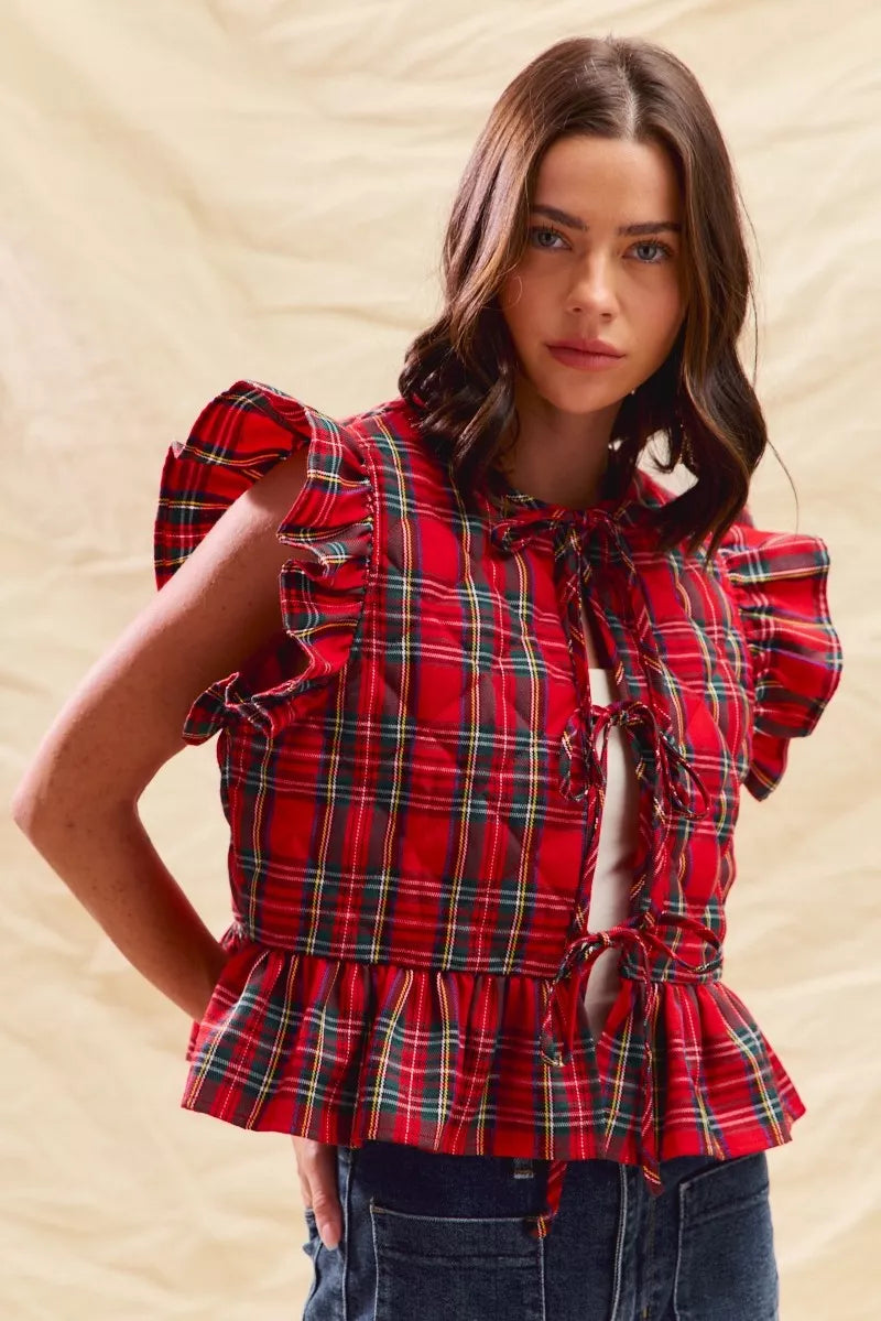 SO ME Christmas Holiday Plaid Ruffled Quilt Vest Top - Lilixa.store