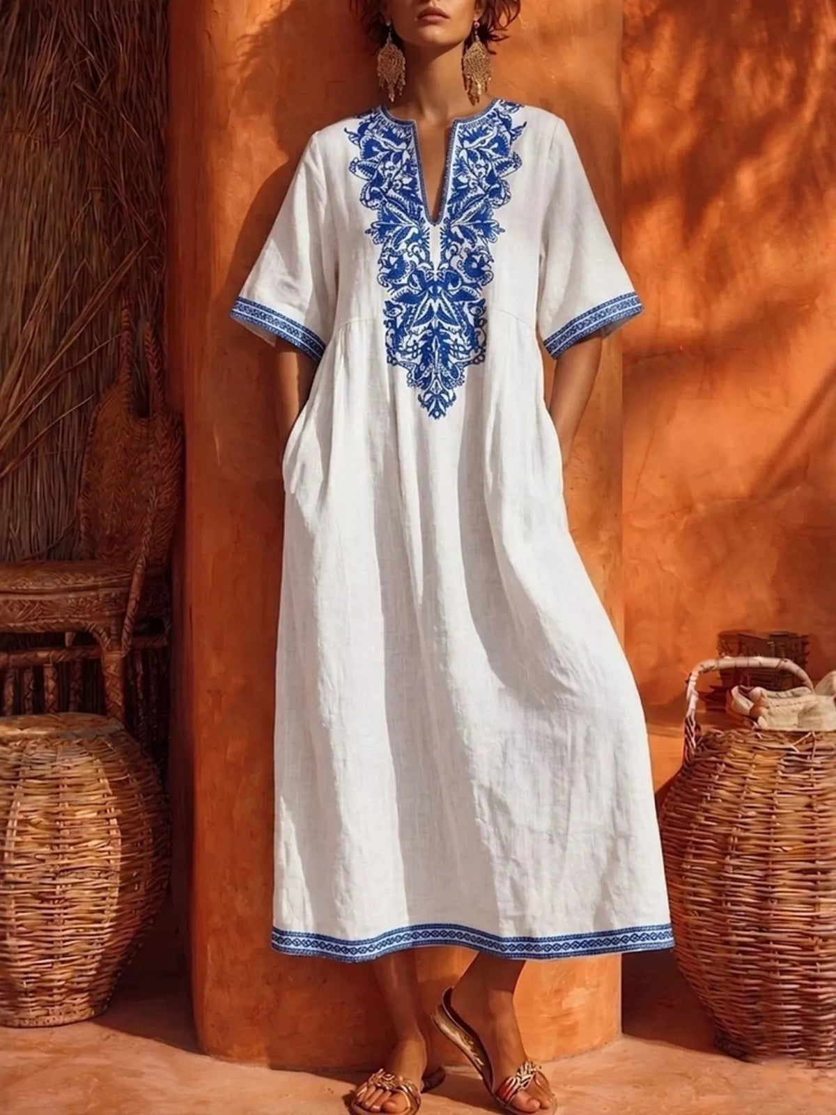 Printed Notched Half Sleeve Midi Dress