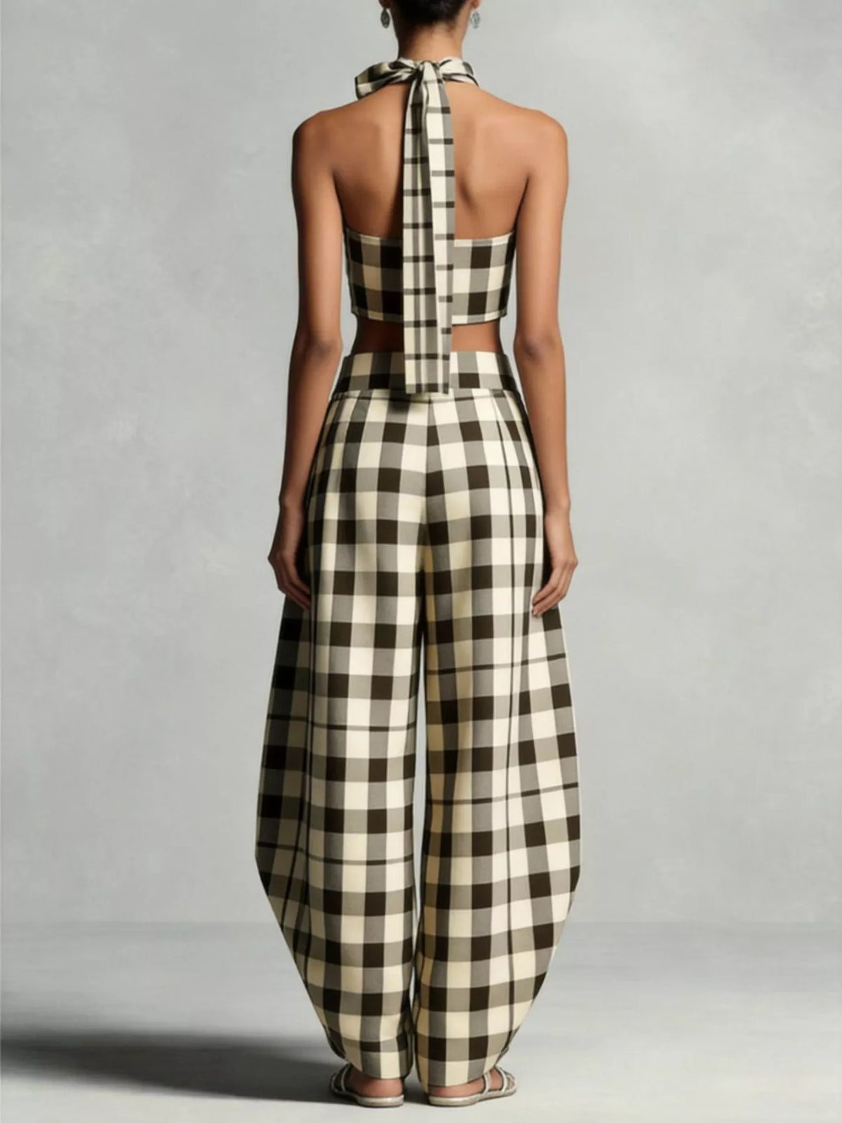 Plaid Halter Neck Crop Top and Wide-Leg Pants Two-Piece Set, view 3