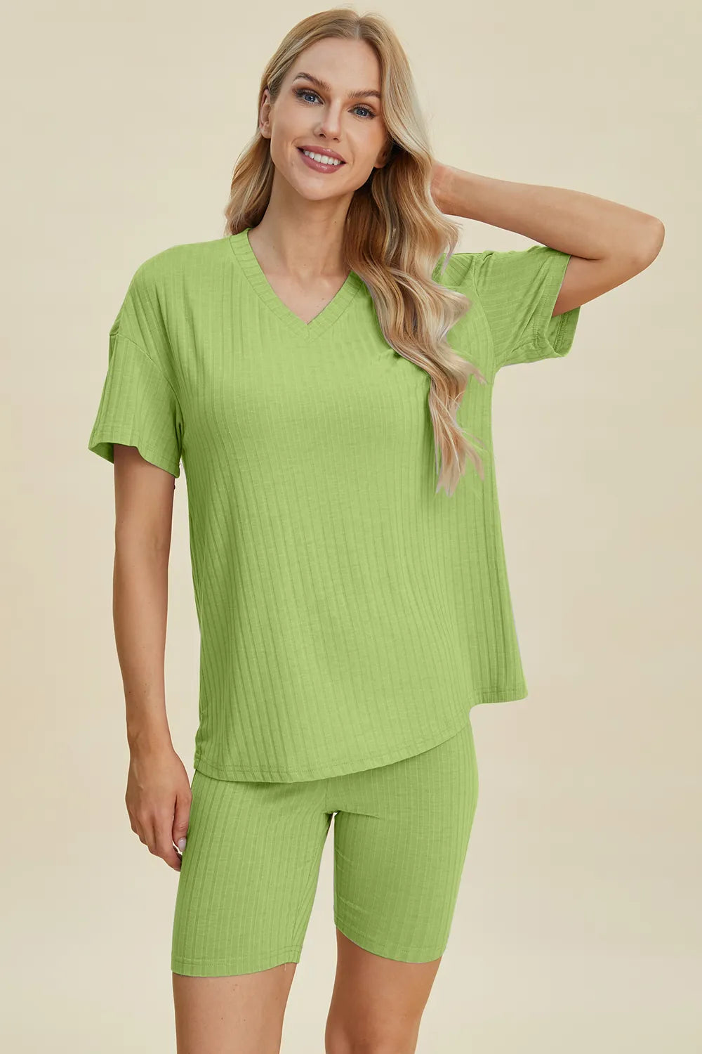Basic Bae Full Size Ribbed V-Neck Short Sleeve Top and Shorts Set - Lilixa.store