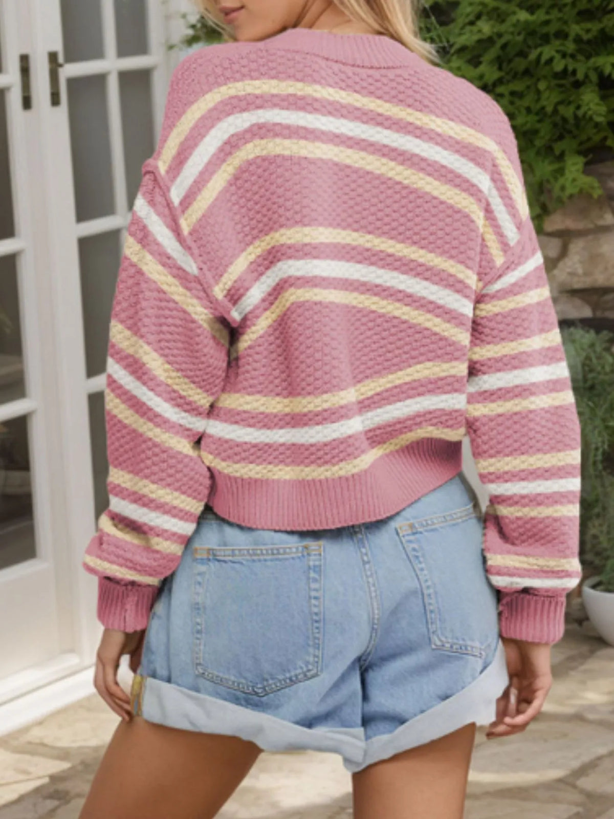 Striped Button-Up Cropped Cardigan with Relaxed Fit - Lilixa.store