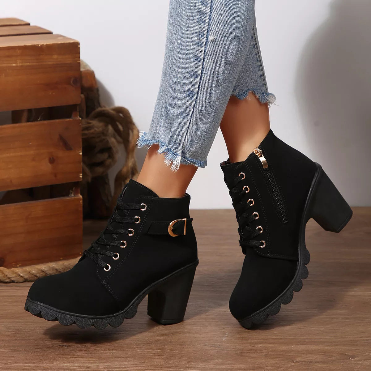 Lace Up Block Heels Boots, view 6