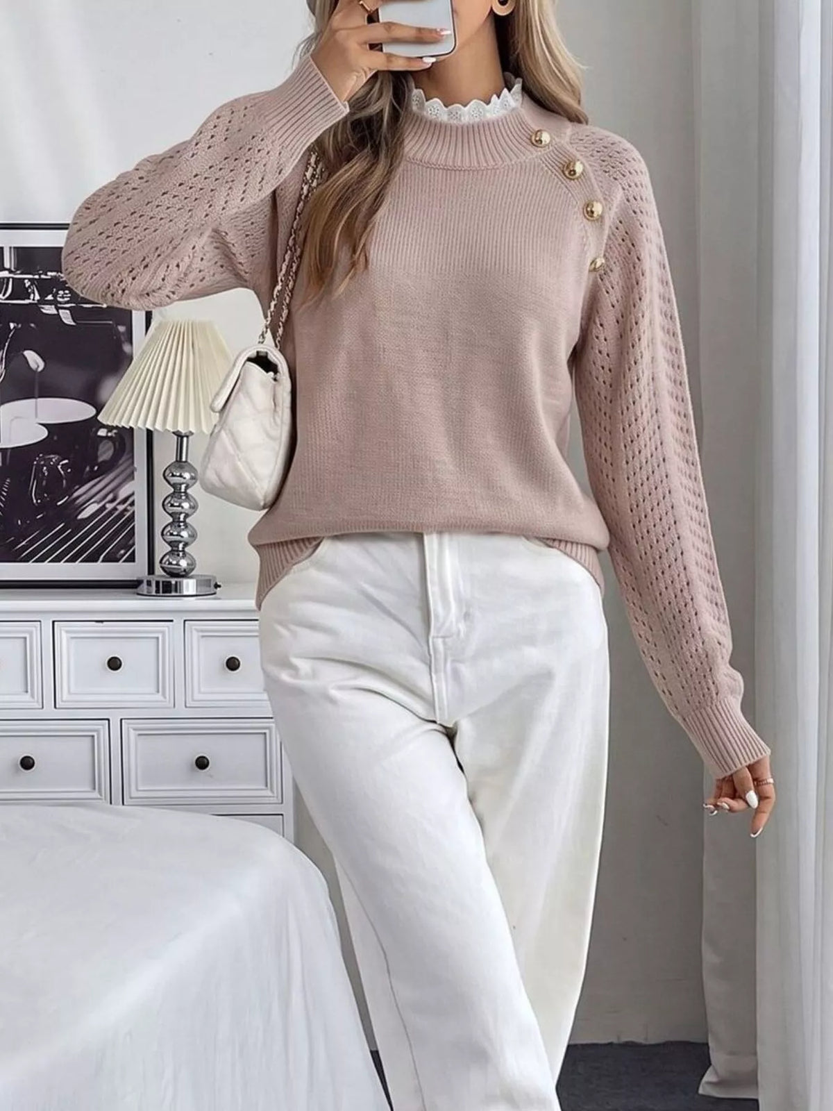 Openwork Mock Neck Sweater in Pink, view 5