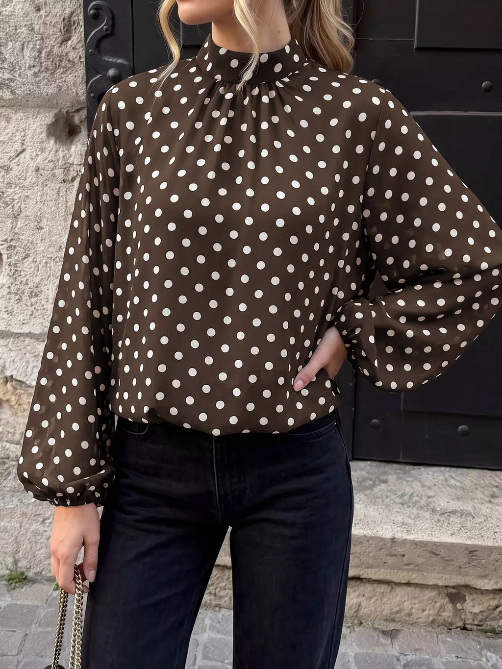 Polka Dot Mock Neck Long Sleeve Blouse - Lilixa.store
