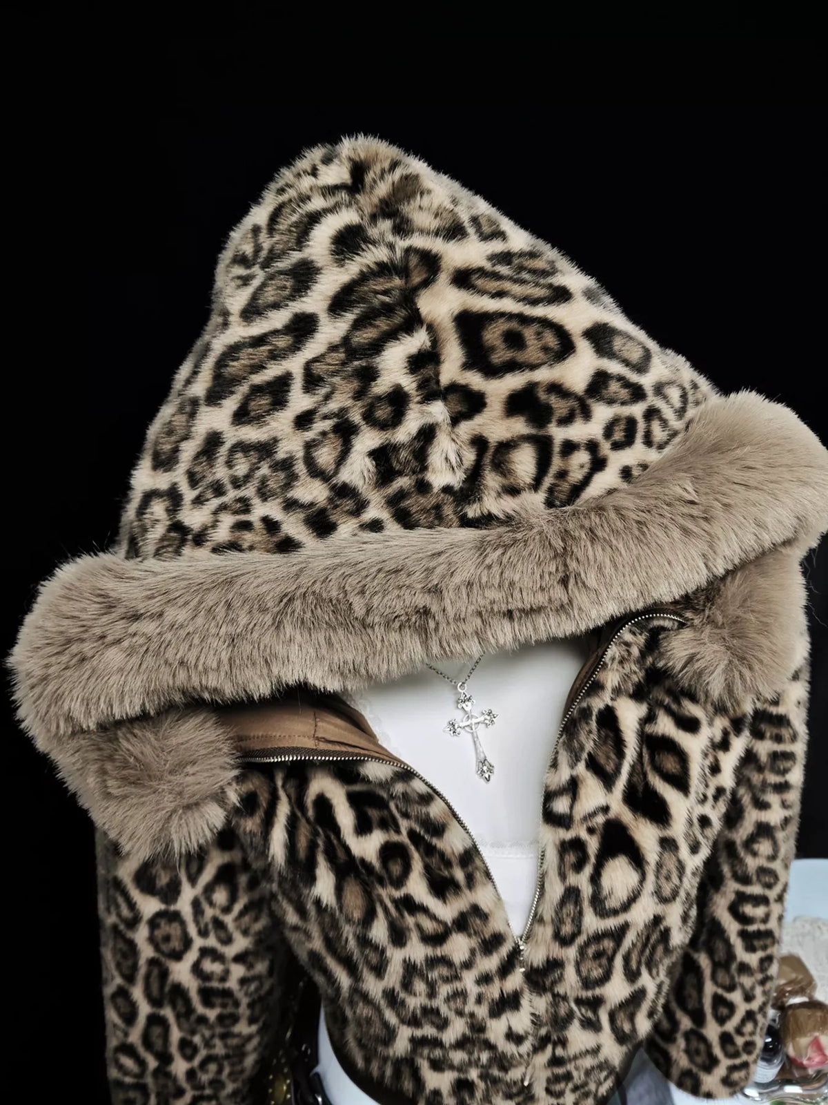 Leopard Faux Fur Hooded Outerwear in Brown, view 7